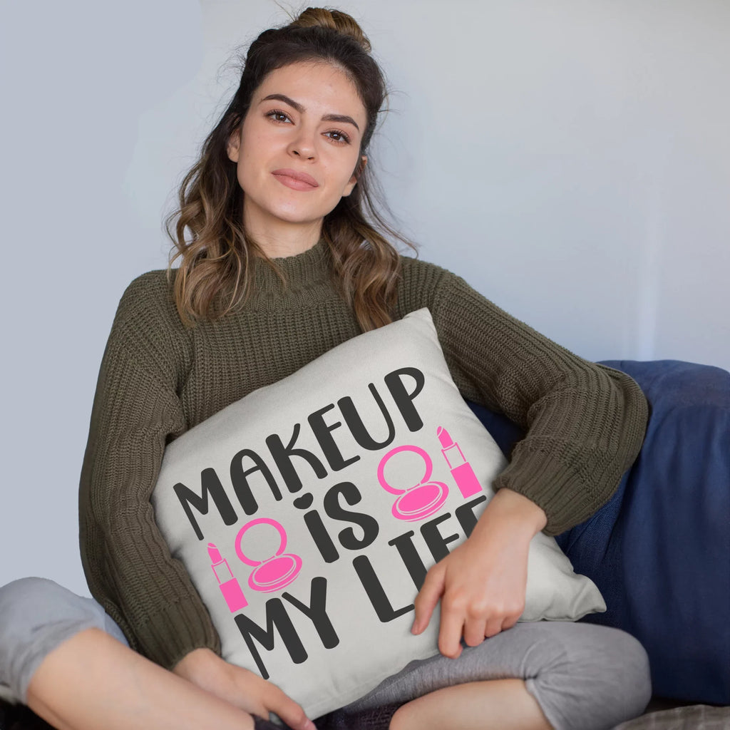 Makeup Is My Life w/ Compact Mirror & Lipstick Design - Beauty Themed Merch for Makeup Artist or Cosmetologist, Gift for Makeup Lovers, Pillow Protection White 20X20 IN