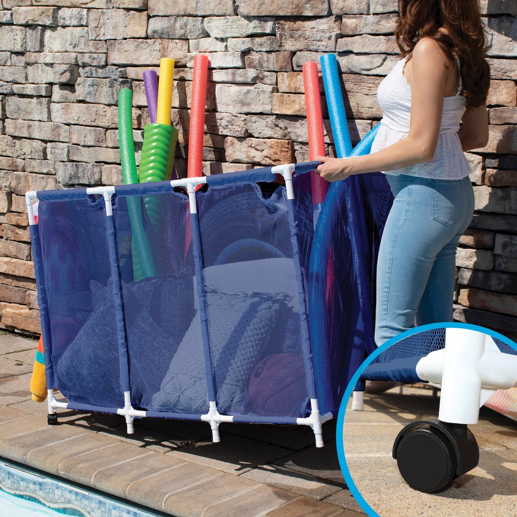 Pool Bins Pool Storage Organizer Mesh Rolling Pool Equipment Bin, Extra Large (30.2" L x 47.2" W x 34" H) Style PB-X600, Blue, PBFT-1529