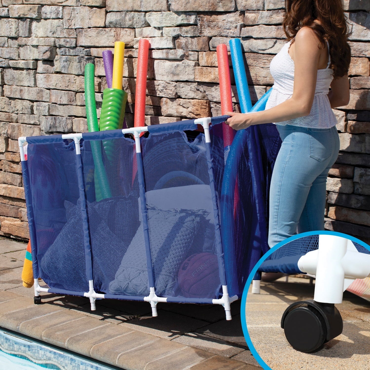 Pool Bins Pool Storage Organizer Mesh Rolling Pool Equipment Bin, Extra Large (30.2" L x 47.2" W x 34" H) Style PB-X600, Blue, PBFT-1529