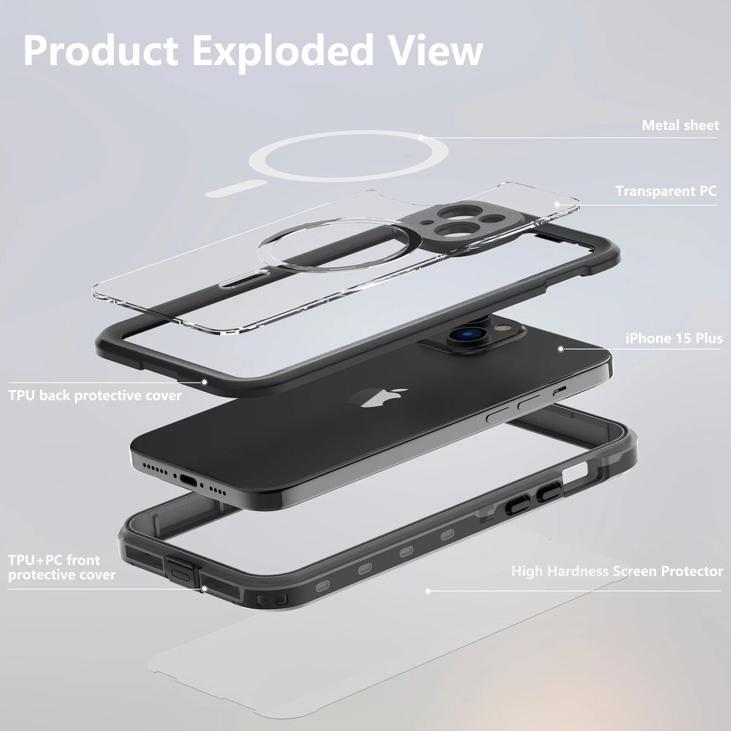 ELEHOLD for iPhone 15 Plus Waterproof Case, Built-in Screen Protector Full-Body Rugged Shockproof Military Drop Proof IP68 Underwater Heavy Duty Magnetic Case for iPhone 15 Plus - 6.7inch,Black