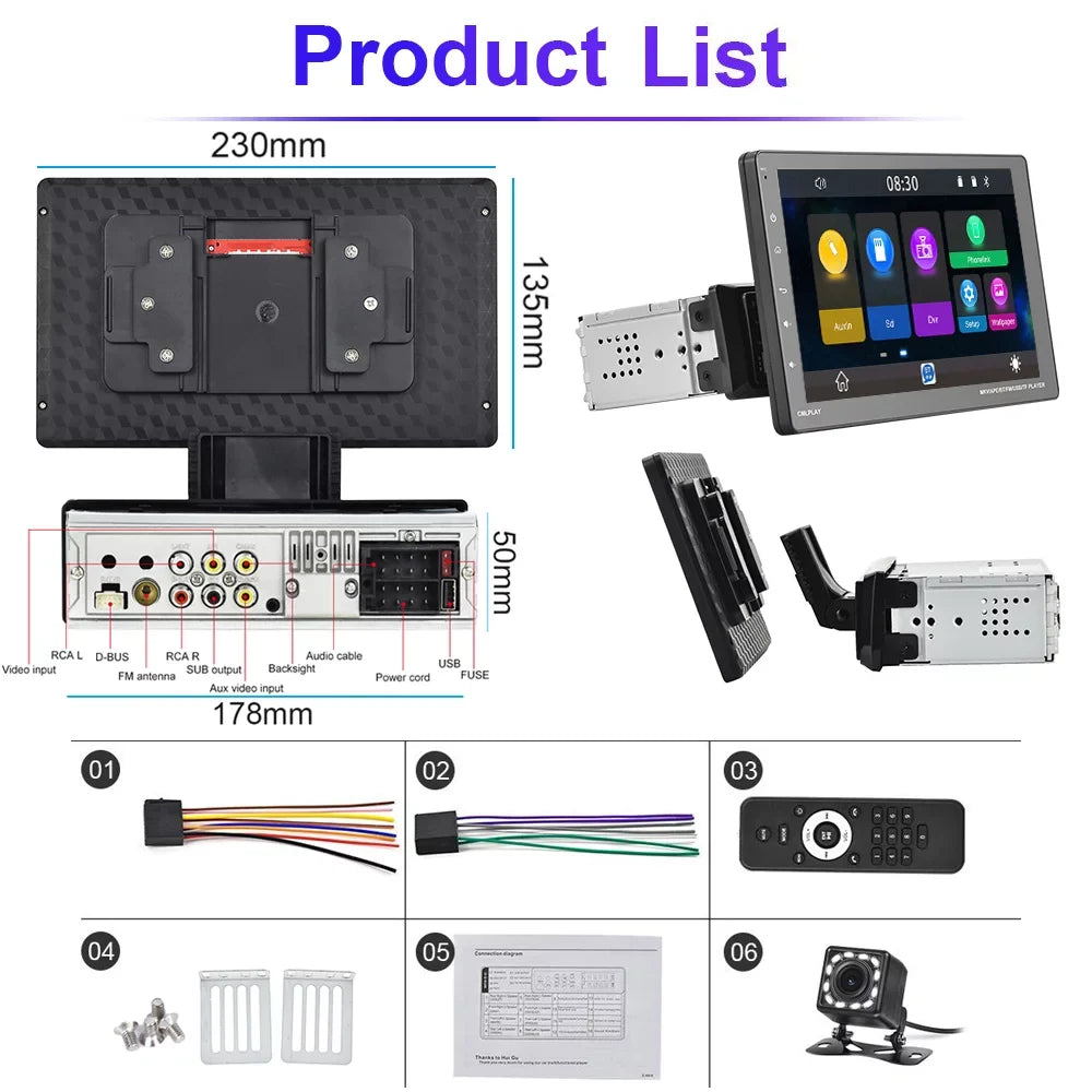 Podofo Single 1 Din 9'' Car Stereo Radio with Apple Carplay Android Auto Mirror Link HD Touch Screen Car MP5 Player Multimedia Bluetooth USB FM Audio Receiver,Backup Camera Included