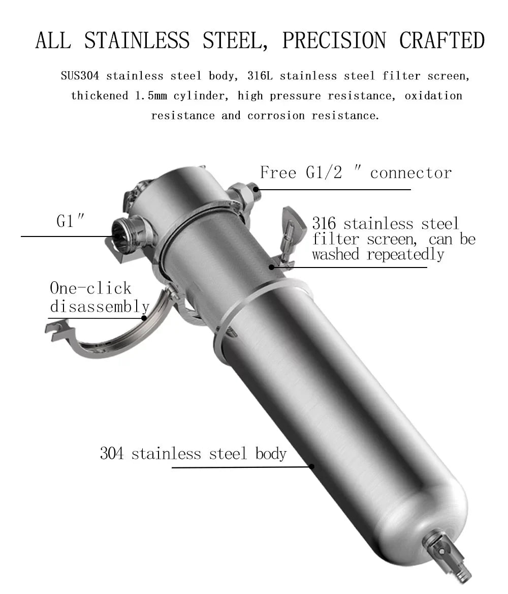 TECHTONGDA Front Water Filter Housing 10 inch Filter 1 inch NPT for Whole House Water Purification 304 Stainless Steel 8000L/h