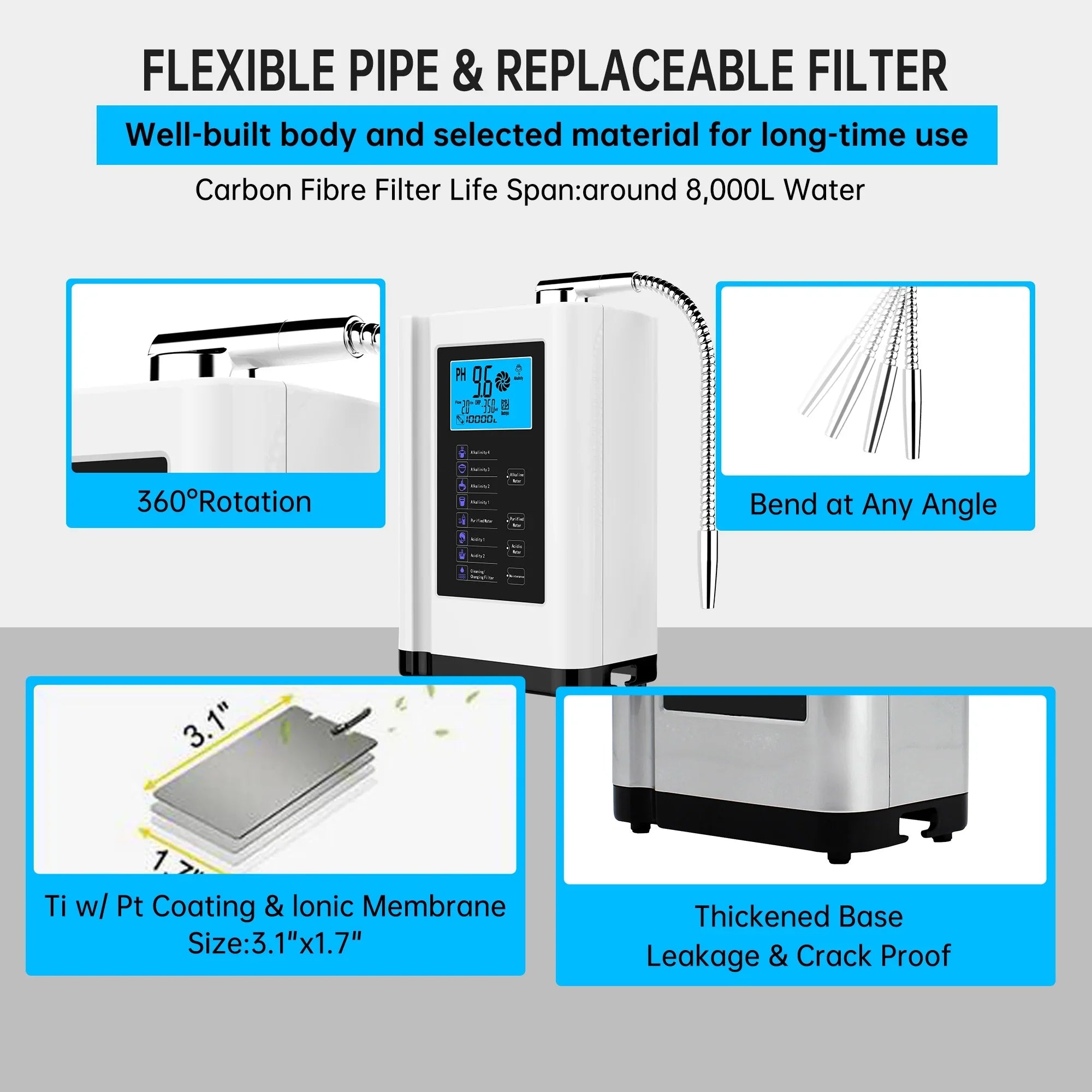 Alka Water Ionizer, Water Purifier Machine PH 3.5-10.5 Alkaline Acid Water Machine, up to -500mV ORP, 8000 Liters per filter,7 Water Settings, Auto-cleaning,Intelligent Voice White)