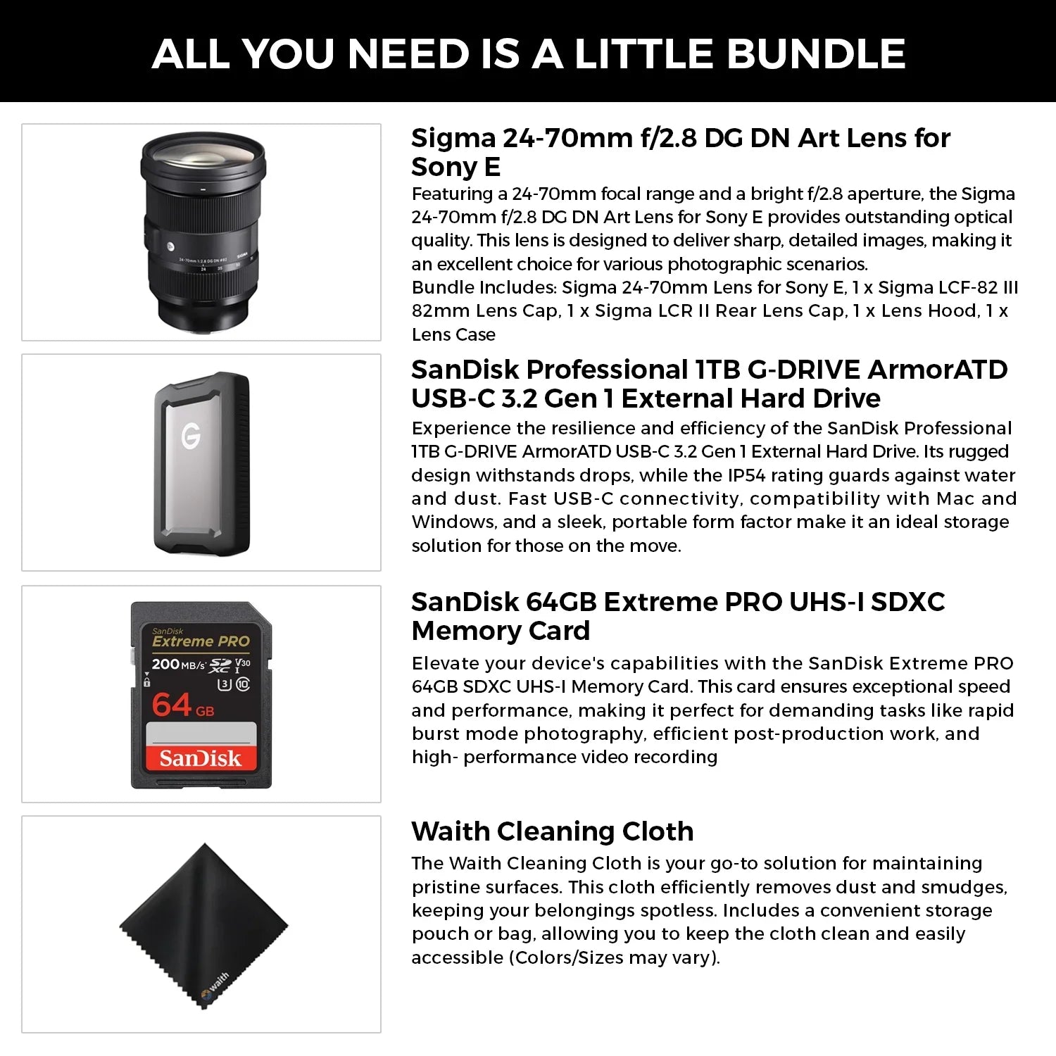 Sigma 24-70mm F2.8 DG DN Art Lens for Sony E with Professional 1TB External Hard Drive USB-C 3.2 Gen 1, 64GB Extreme PRO UHS-I SDXC Memory Card and Waith Microfiber Cleaning Cloth (Bundle Set)