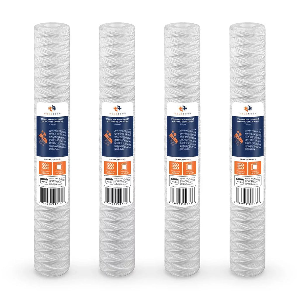 Aquaboon 1 Micron 20" x 2.5" String Wound Sediment Water Filter Cartridge | Universal Replacement for Any 20 inch RO Unit | Suitable with 101-230, PD-5-20, AP110-2C, P5-20, CFS124-C20, 4-Pack