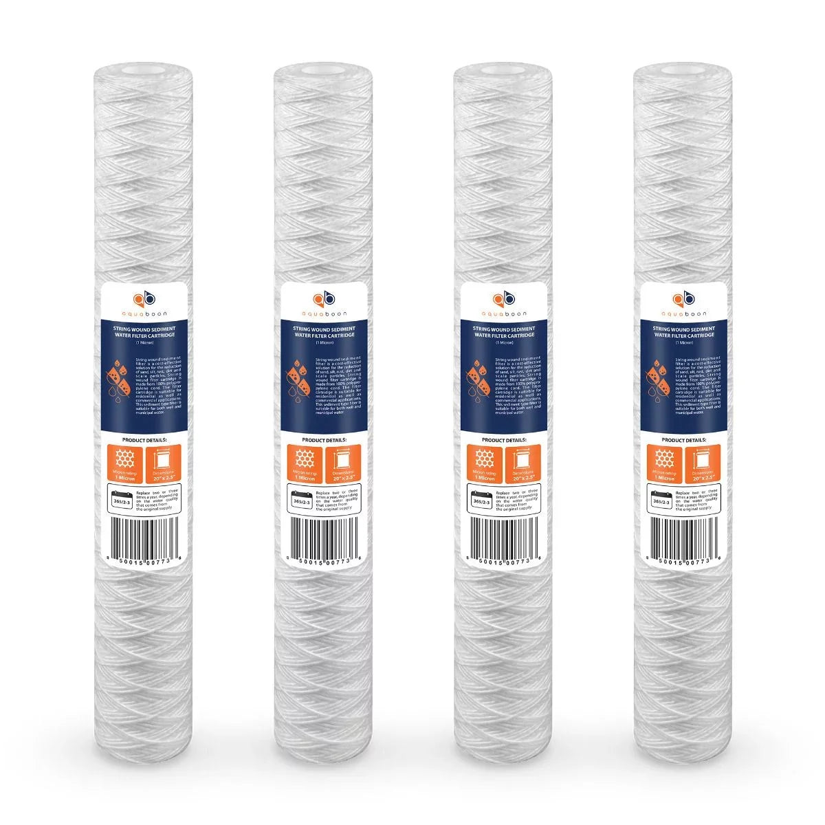 Aquaboon 1 Micron 20" x 2.5" String Wound Sediment Water Filter Cartridge | Universal Replacement for Any 20 inch RO Unit | Suitable with 101-230, PD-5-20, AP110-2C, P5-20, CFS124-C20, 4-Pack