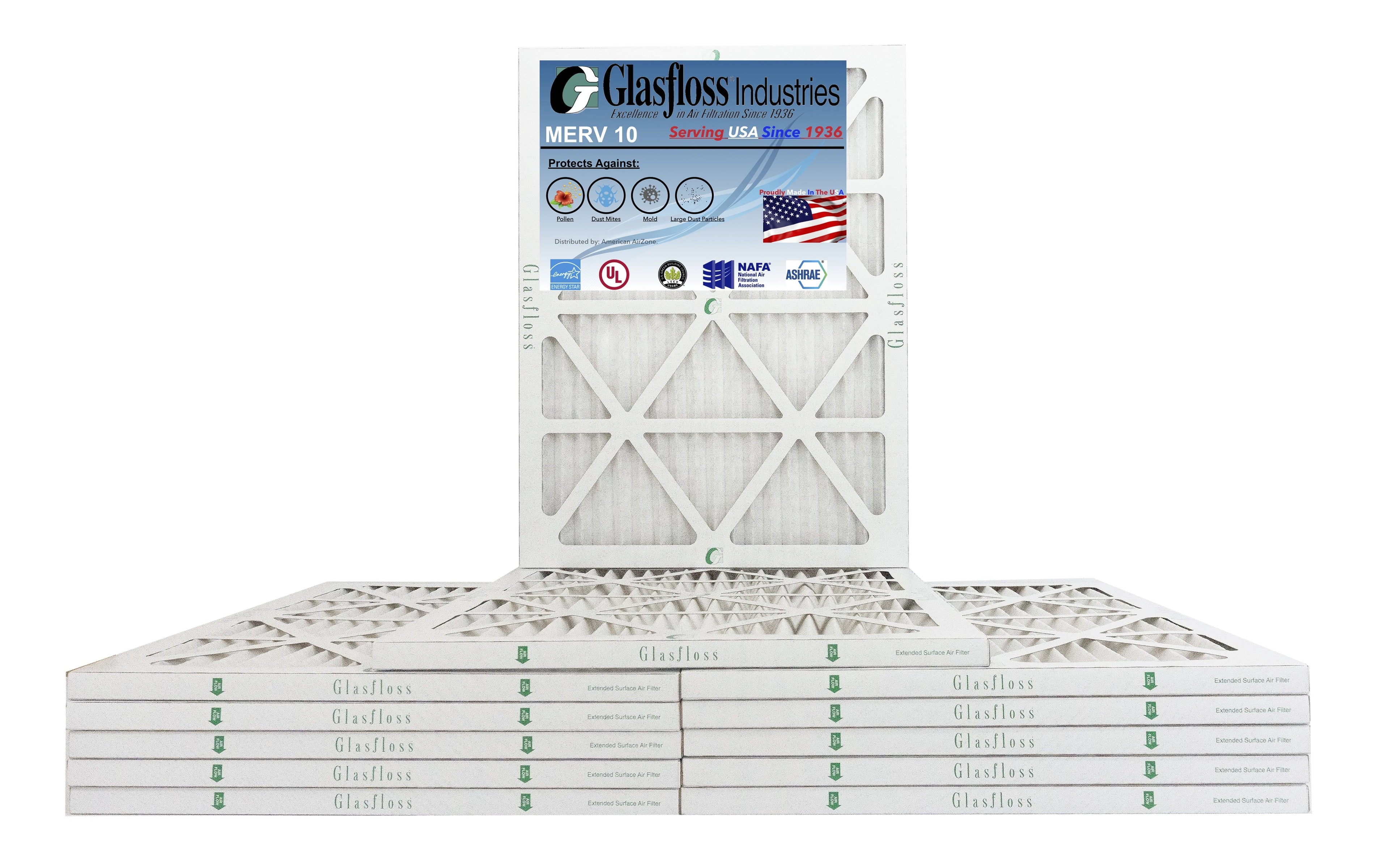 Glasfloss 22x36x1 - MERV 10 -Qty:12 - Furnace Air Filter - Made in USA (Actual Size: 21.5 x 35.5x7/8 inch)