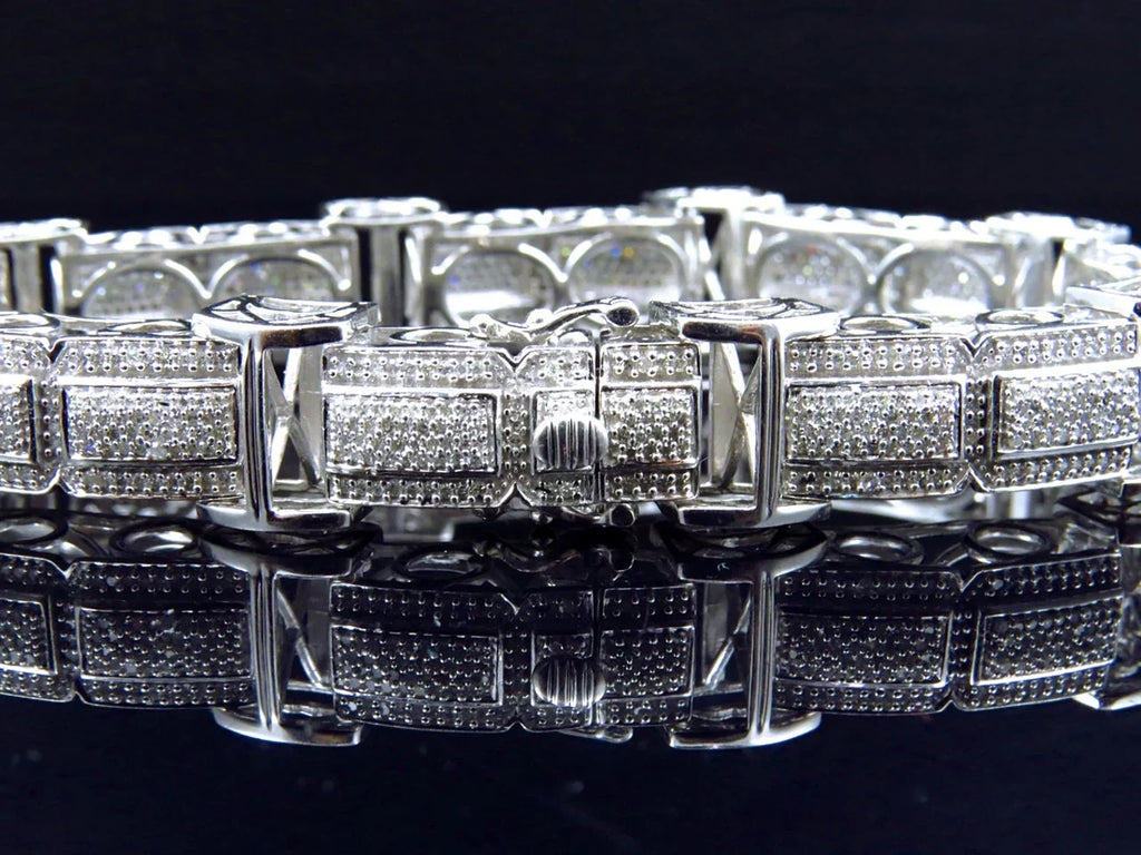 Men's 10K White Gold Genuine Diamonds 3D Pave Bar Style Bracelet 15mm 5.5Ct