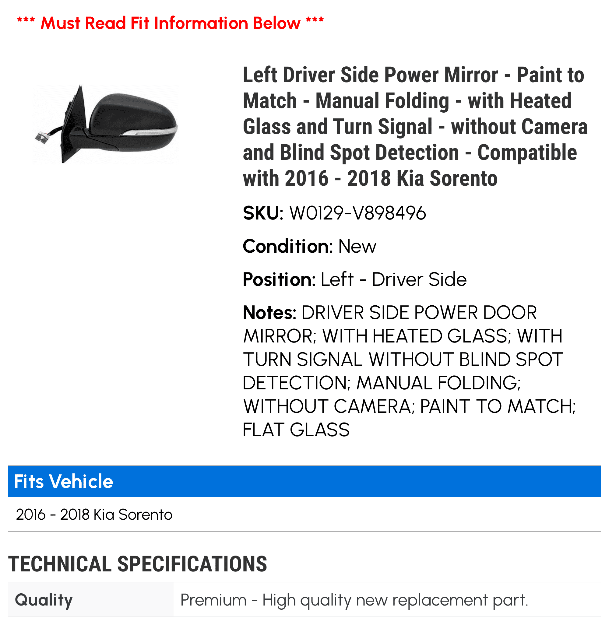 Left Driver Side Power Mirror - Paint to Match - Manual Folding - with Heated Glass and Turn Signal - without Camera and Blind Spot Detection - Fitting with 2016 - 2018 Kia Sorento 2017