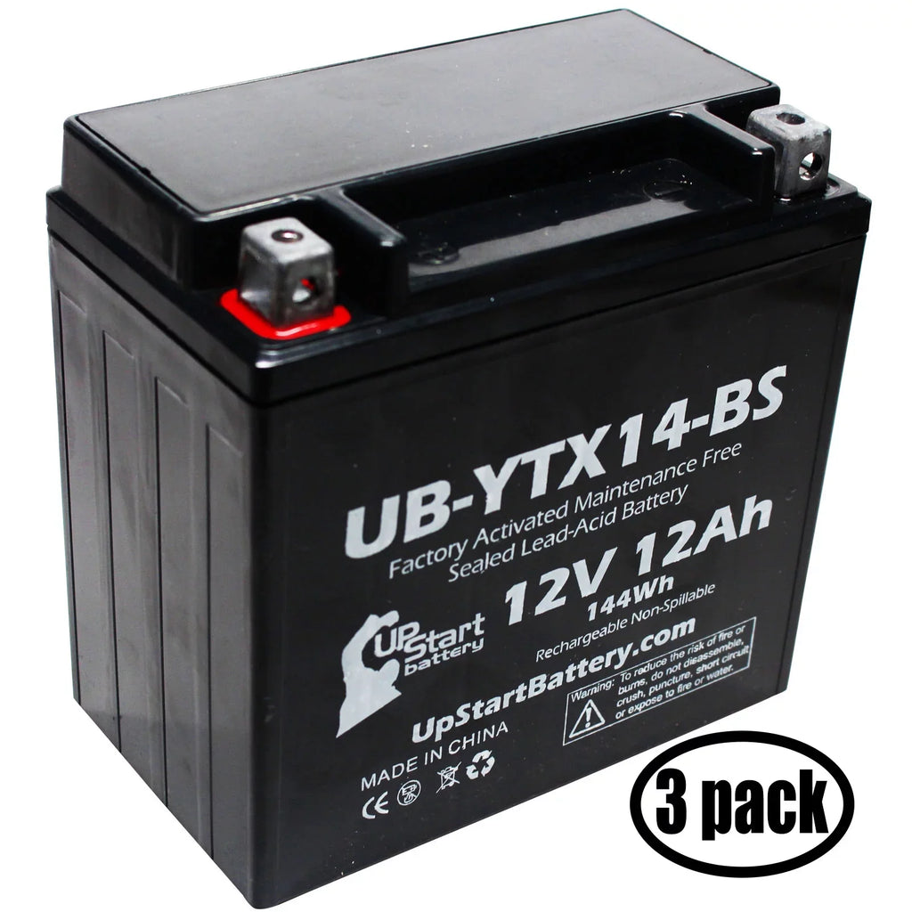 3-Pack UpStart Battery Replacement for 2012 BMW F800ST, GS 800 CC Factory Activated, Maintenance Free, Motorcycle Battery - 12V, 12AH, UB-YTX14-BS