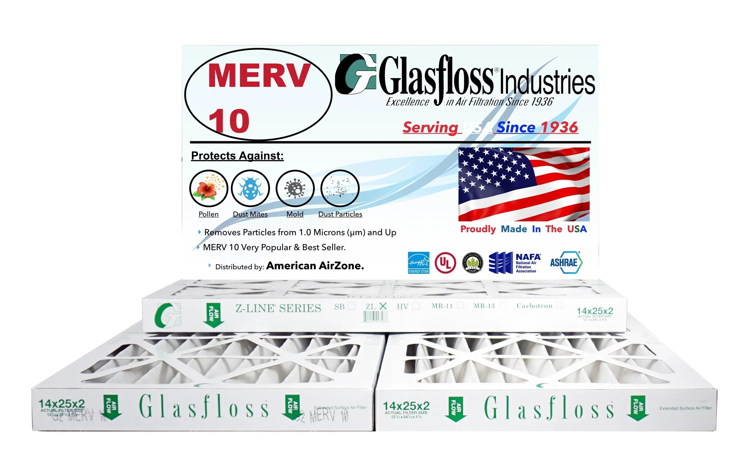 Glasfloss Air Filter 14x36x2 - 2" MERV 10 - (Pack of 4) - Pleated AC or HVAC Air Filter - Furnace Air Filter - Home or Office - Made In The USA.