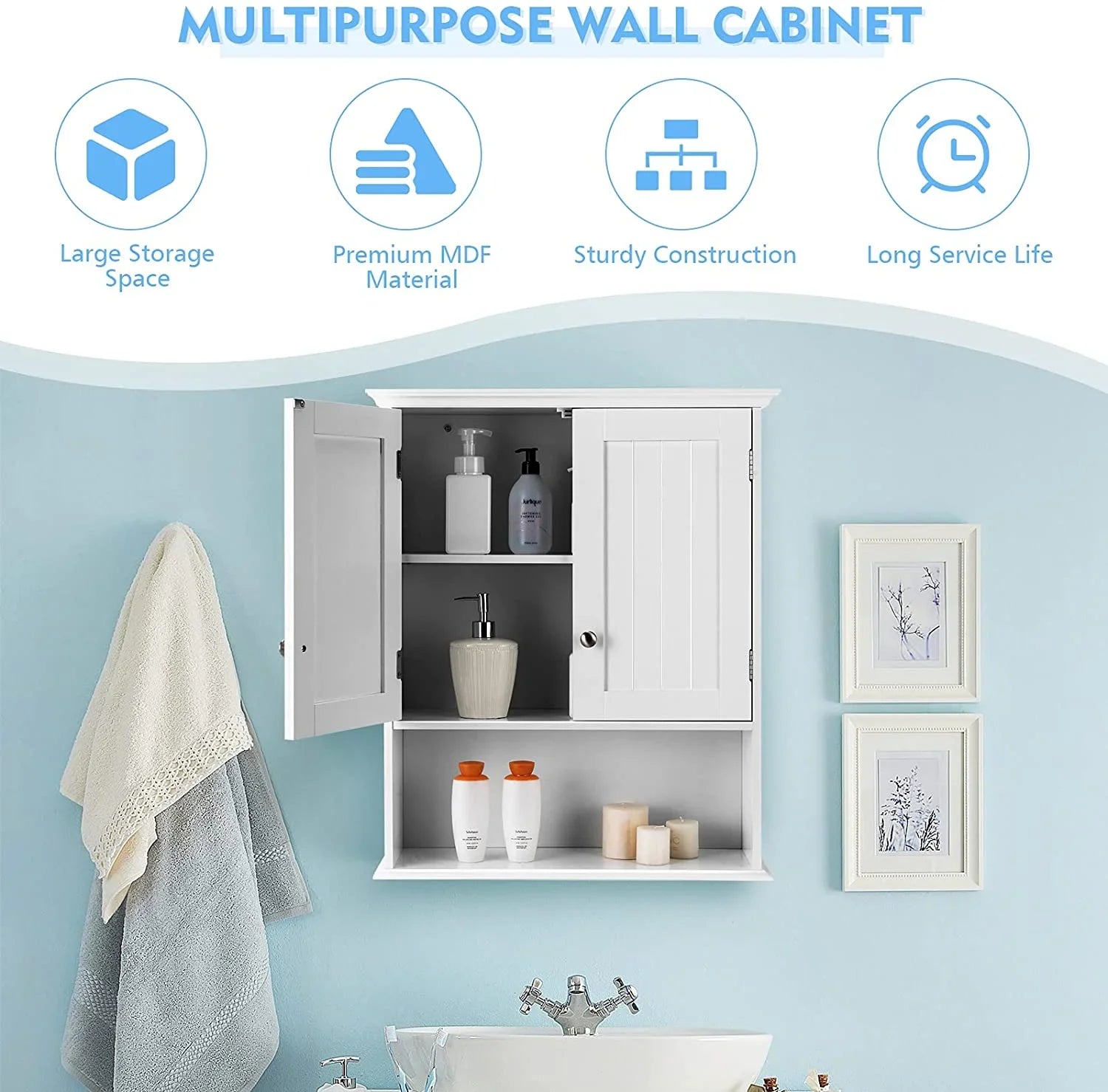 Bathroom Wall Cabinet, Wooden Hanging Storage Cabinet with Doors & Shelves, Multipurpose Storage Cabinet for Bathroom Kitchen Living Room, Wall Mounted Bathroom Medicine Cabinet