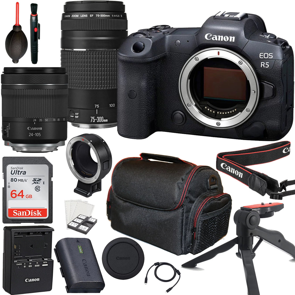 Canon EOS R5 Mirrorless Camera with RF 24-105mm f/4-7.1 IS STM Lens + Canon EF 75-300mm f/4-5.6 III Lens + 64GB Memory Card + Tripod + Case & More