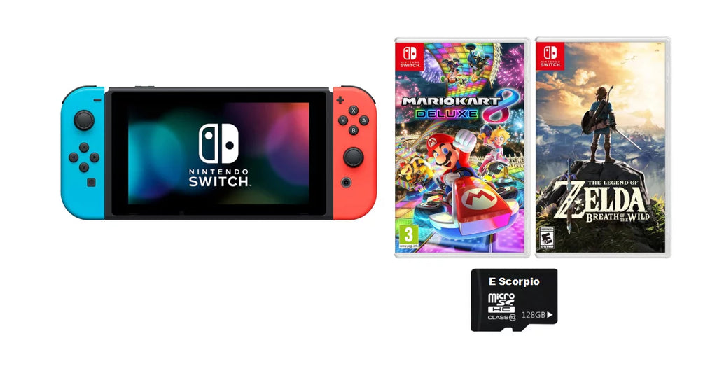 Nintendo Switch Bundle: Mario Kart 8 Deluxe /The Legend of Zelda: Breath of the Wild and Nintendo Switch 32GB Console with Neon Red and Blue Joy-Con, 3 Months Nintendo Switch Online Membership