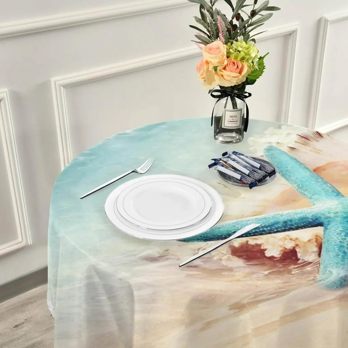 SKYSONIC Starfish Summer Beach Round Tablecloth 60inch Indoor Wrinkle Free, Sea Wave Conch Circular Lace Table Coating Washable for Kitchen Party BBQ Dining Decor