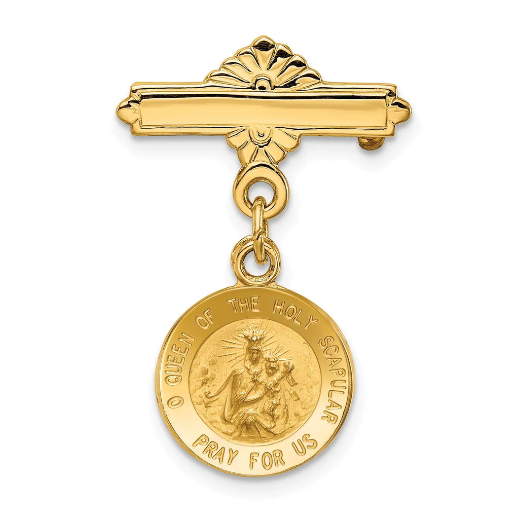14K Yellow Gold Reversible Queen Of The Holy Scapular sacred Heart Medal Pin (25 mm X 17 mm)