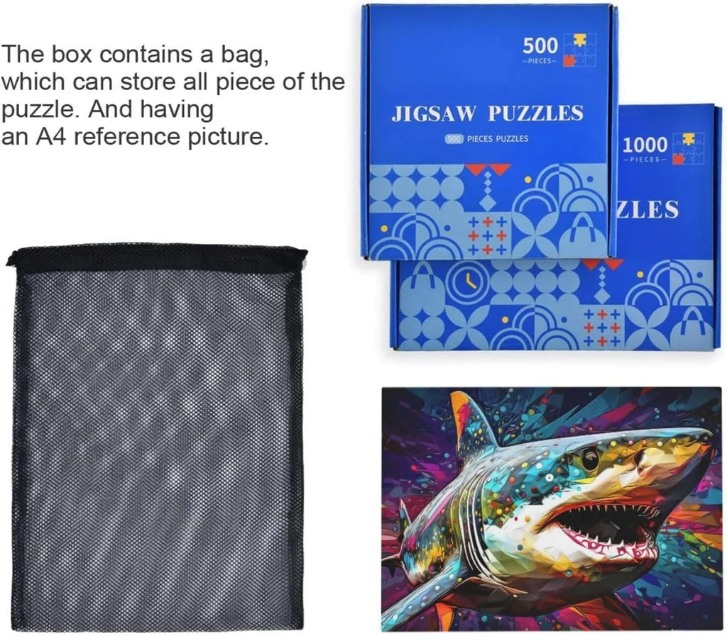 500 PCS Painting of Shark Jigsaw Puzzle, Paper Wood Composite Material Zigsaw with Storage Bag, Puzzle for Adults, Fun Challenging Brain Exercise Family Game Gift for Kids Friends Parents