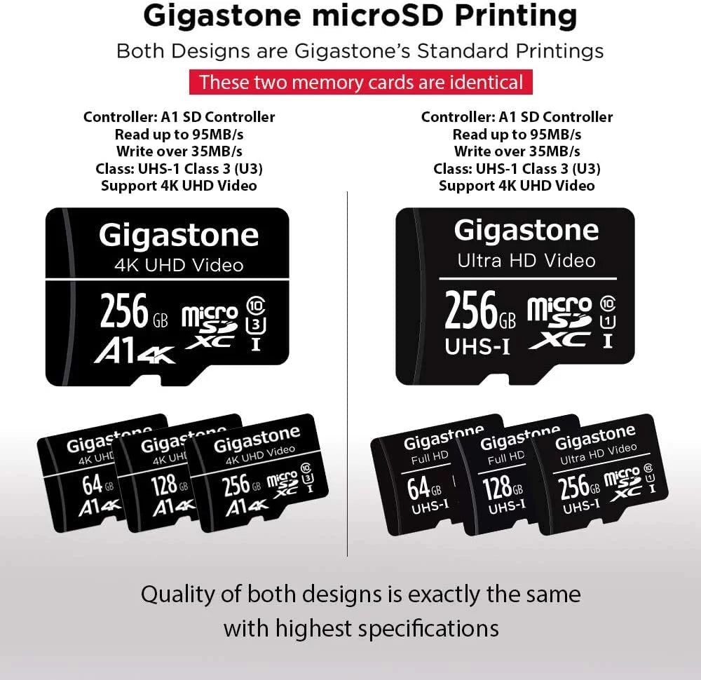 Gigastone 256GB Micro SD memory Card, 4K UHD Video, Surveillance Security Cam Action Camera Drone Professional, Dash Cams, 100MB/s Micro SDXC UHS-I A1 Class 10, 2 Pack (2x256GB)