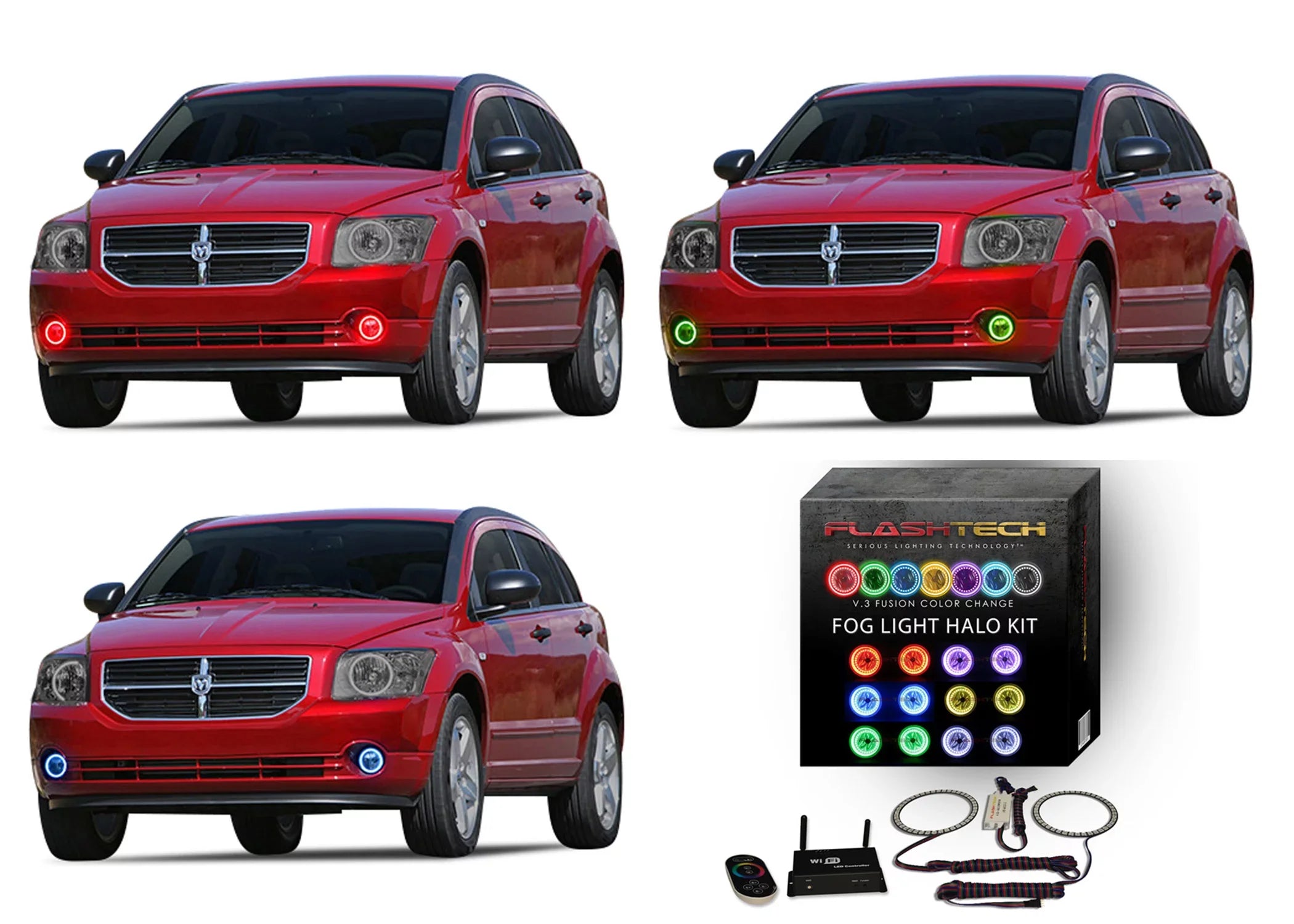 Flashtech LED RGB Multi Color Halo Ring Fog Light Kit for Dodge Caliber 07-12 with V.3 Fusion Color Change Wifi Remote