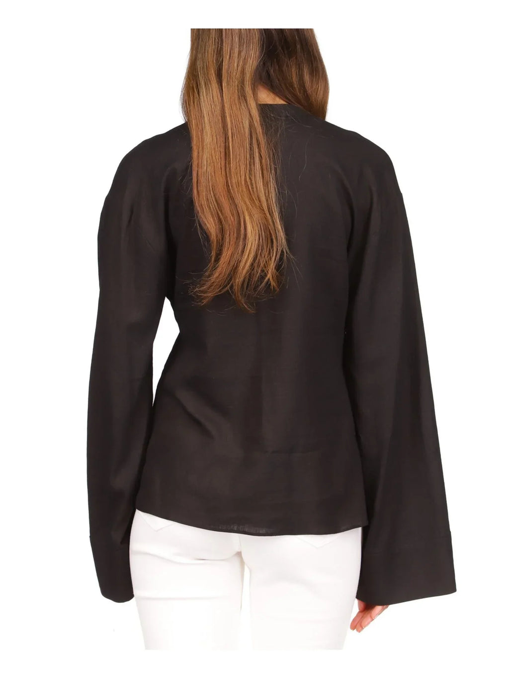 MICHAEL MICHAEL KORS Womens Black Unlined Sheer Tie Waist Curved Hem Bell Sleeve Split Button Up Top M