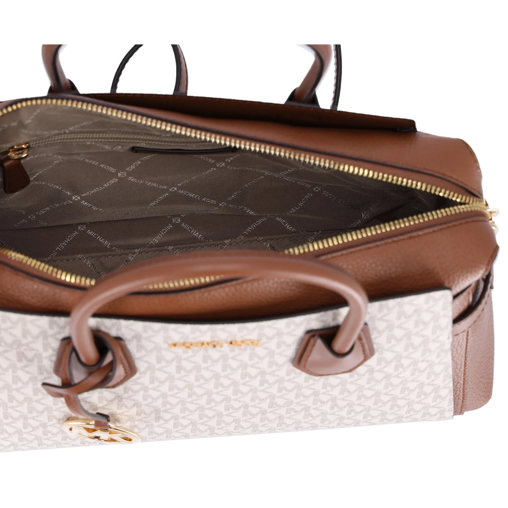 Michael Kors Womens Mercer Medium Logo and Leather Belted Satchel Vanilla 35F2GM9S8B-149