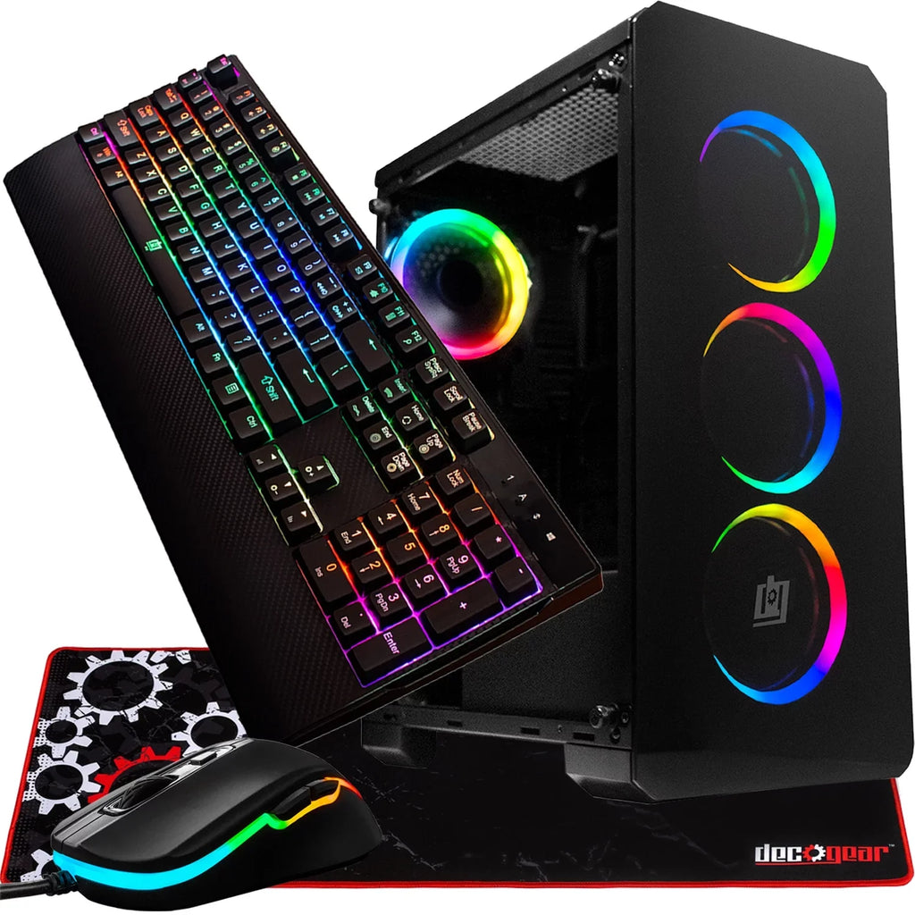 Deco Gear Mid-Tower PC Gaming Computer Case Starter Kit, 3-Sided Tempered Glass and LED Lighting, Mini-ITX, Micro-ATX, ATX, with Wired RGB Gaming Mouse, RGB Mechanical Gaming Keyboard, and Mouse Pad