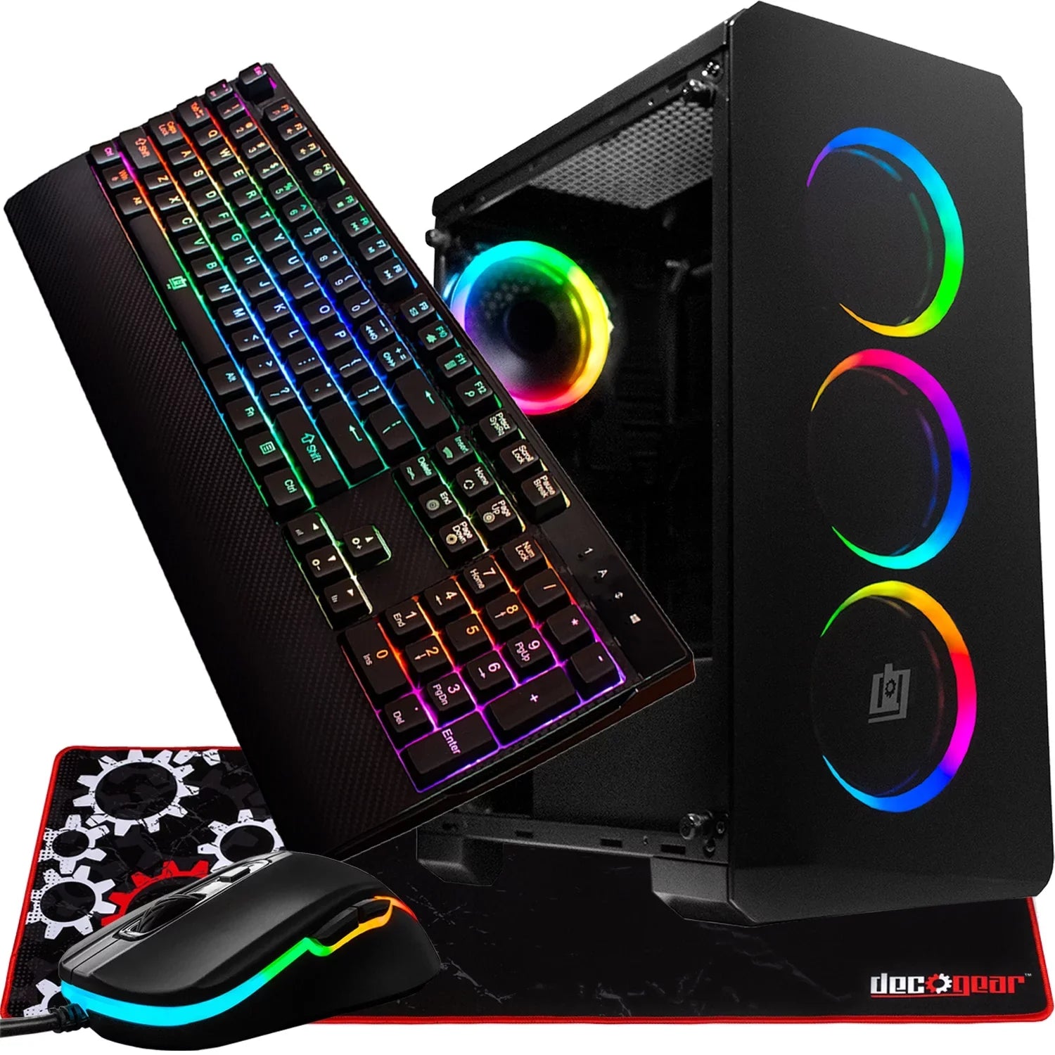 Deco Gear Mid-Tower PC Gaming Computer Case Starter Kit, 3-Sided Tempered Glass and LED Lighting, Mini-ITX, Micro-ATX, ATX, with Wired RGB Gaming Mouse, RGB Mechanical Gaming Keyboard, and Mouse Pad