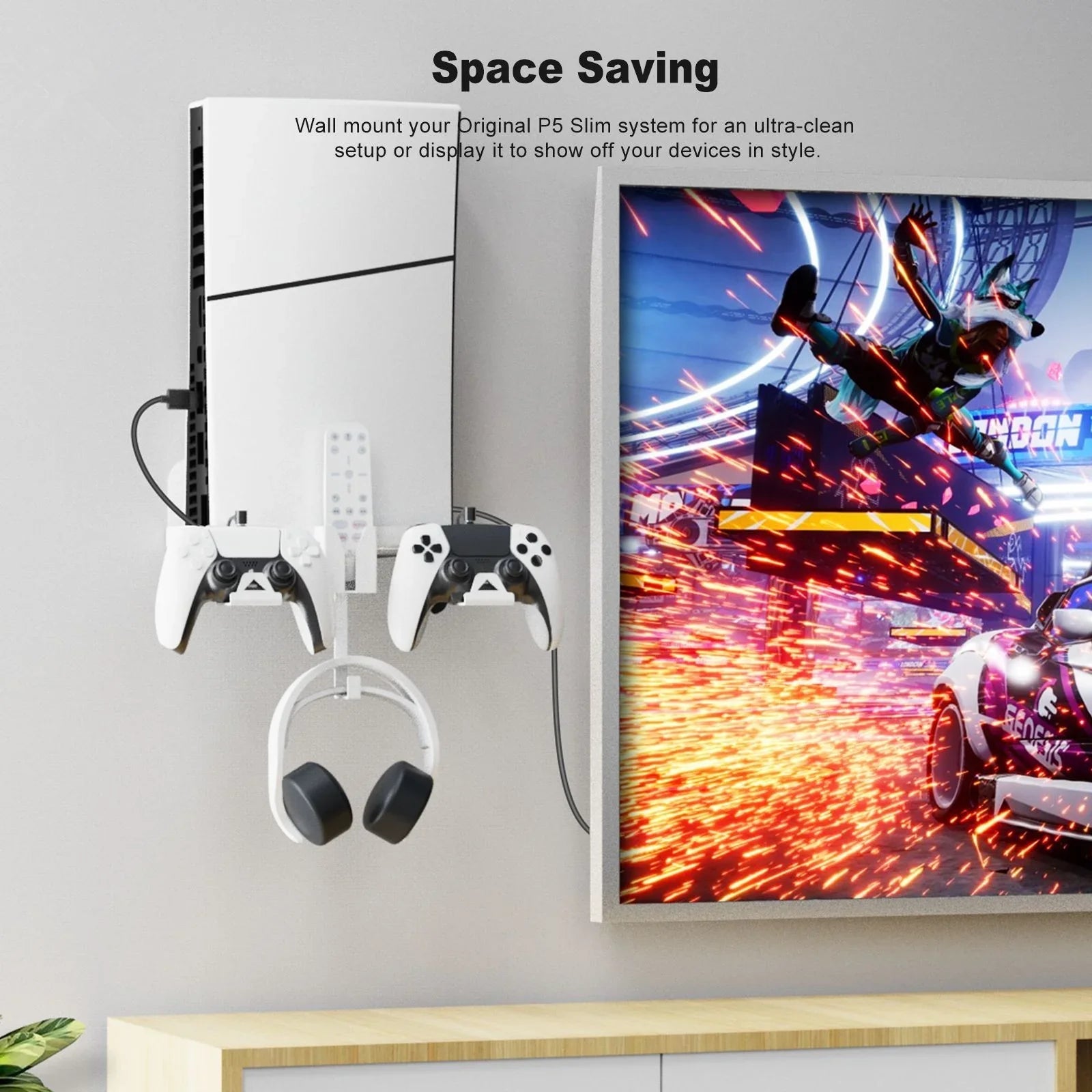 Strong Iron Wall Mount Bracket Set for PS5 Slim Space-Saving, Secure, and Convenient Storage with Dual Charging Cable