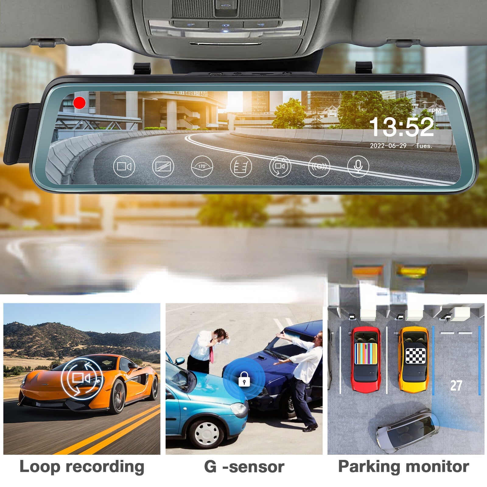 Cheefull 10' Mirror Camera Front and Rear 1080P Backup Camera ' Mirror Dash Cam Rear ViewFHD Full Touch Screen w Loop Recording, G-Sensor, Parking Monitor 170° Wide Angle