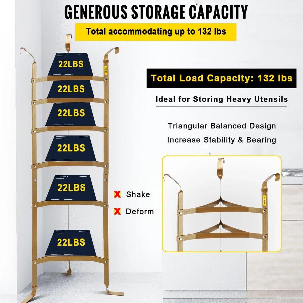 SKYSHALO 6-Tier Cookware Stand, Carbon Steel Multi-Layer Pot Rack, 61-inch Cookware Shelf, Copper Cookware Storage Tower, Unassembled Kitchen Corner Shelf Rack for Pans, Pots, Baskets Kettles Storage