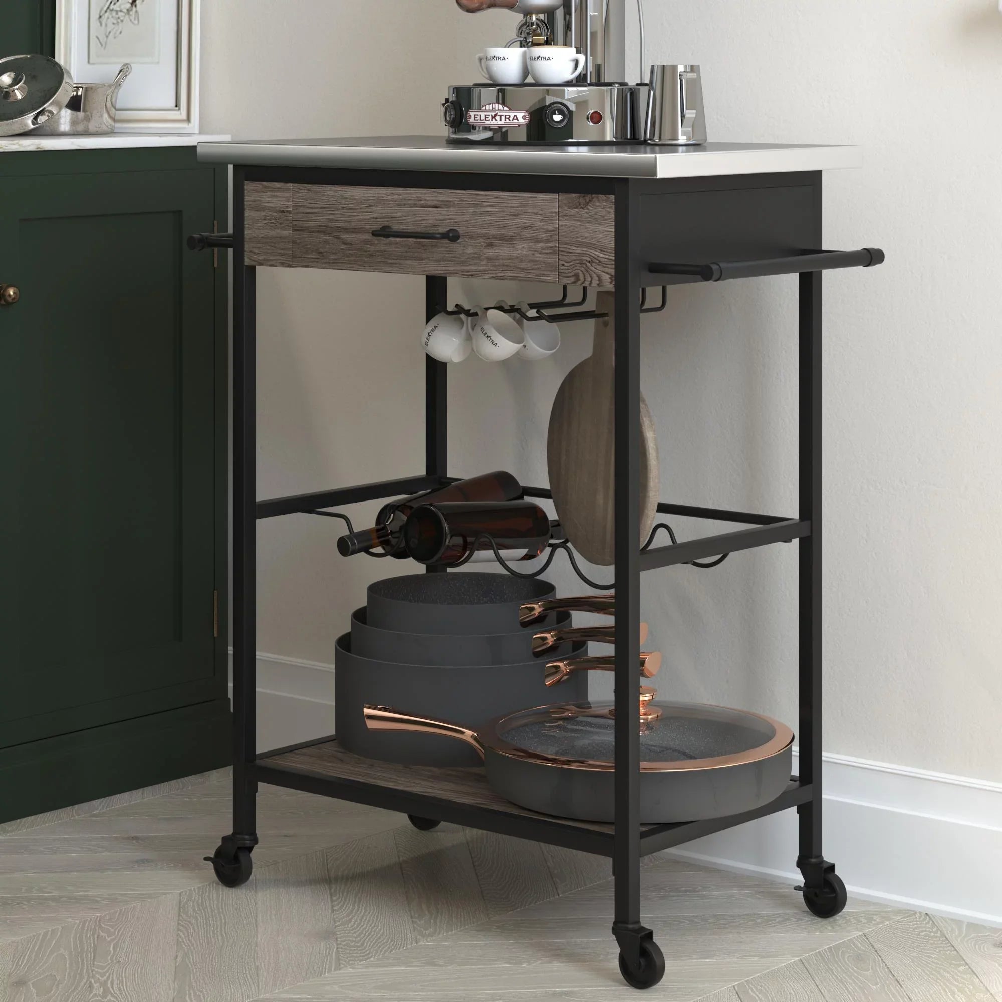 Novogratz Nora Multifunctional Kitchen Cart, Wine Rack and Pantry Storage, Stainless Steel and Black Metal, Brown