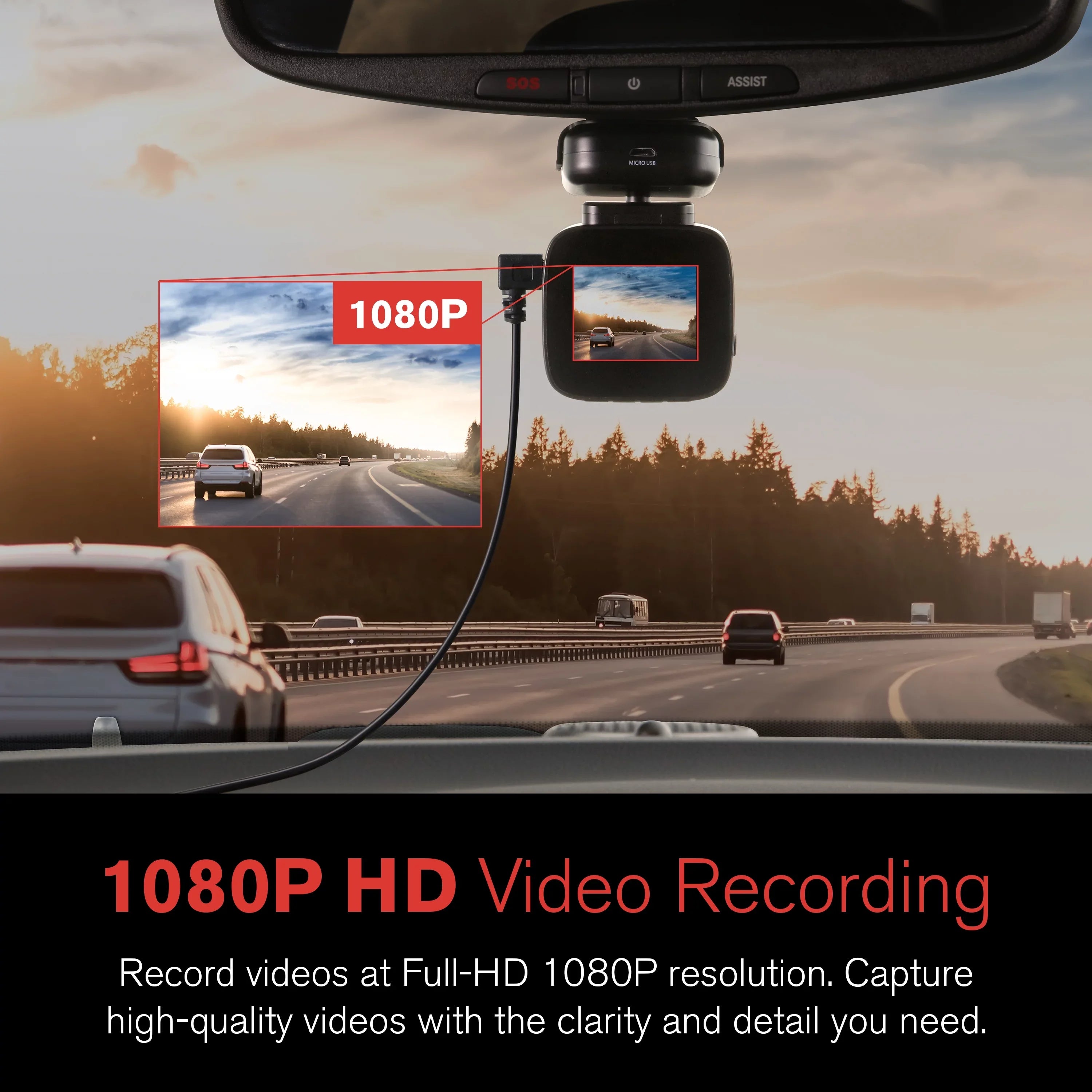 YADA 1080p Roadcam with App, 140 Degree Wide Angle Lense, 2.4" LCD Screen, G-Sensor Technology with Park and Record Mode, Loop Recording