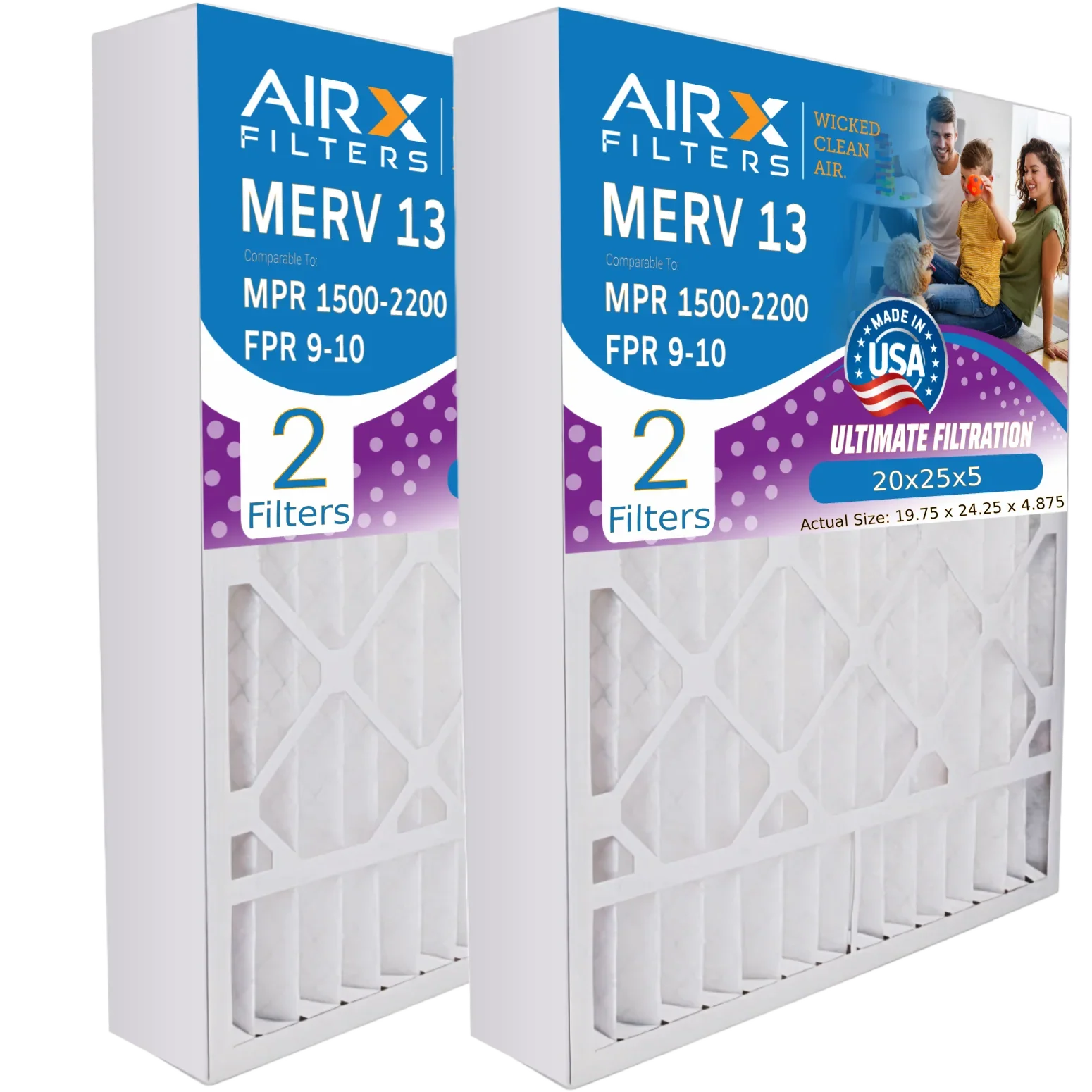 20x25x5 Air Filter MERV 13 Comparable to MPR 1500 - 2200 & FPR 9 Fitting with Ultravation 91-006 Premium USA Made 20x25x5 Furnace Filter 2 Pack by AIRX FILTERS WICKED CLEAN AIR.