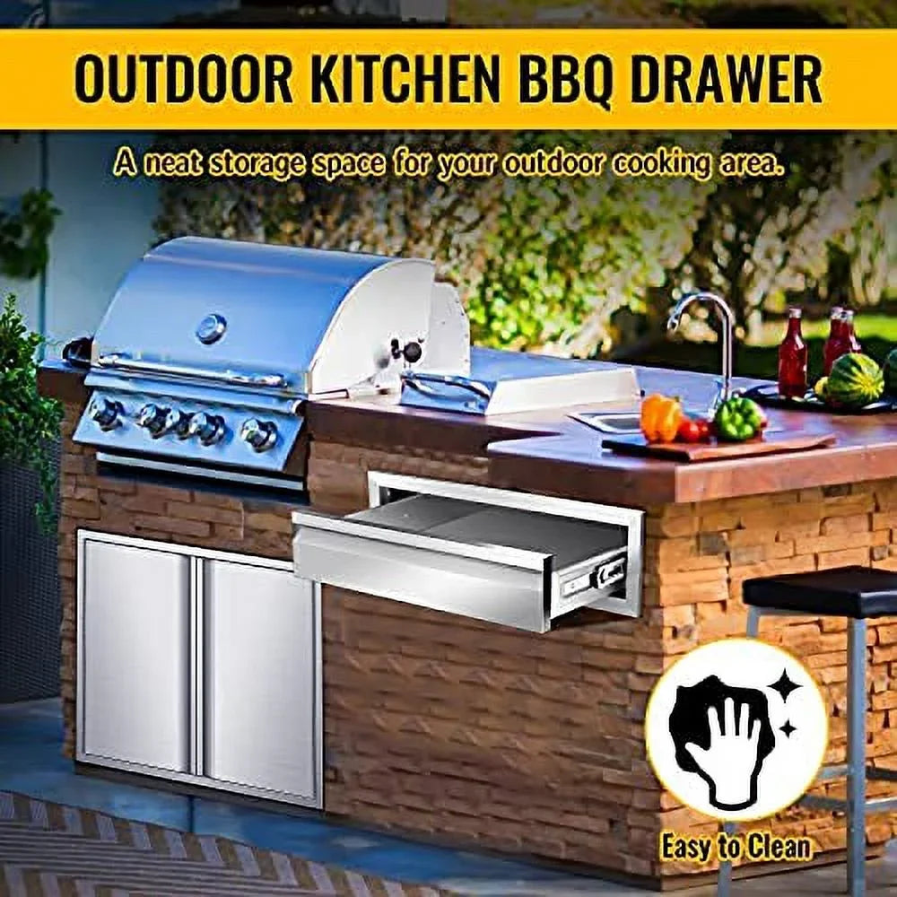 Outdoor Kitchen Drawers, Flush Mount Triple Access BBQ Drawers Stainless Steel With Handle, BBQ Island Drawers For Outdoor Kitchens Or Patio Grill Station,24W X 6.5H X 23D Inch