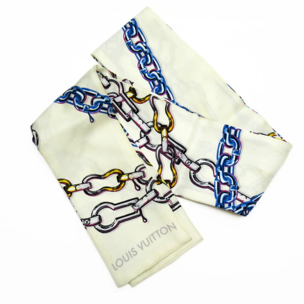 Pre-Owned Louis Vuitton Bandeau Ribbon Scarf Ivory x Blue 100% Silk MP1691 (Good)
