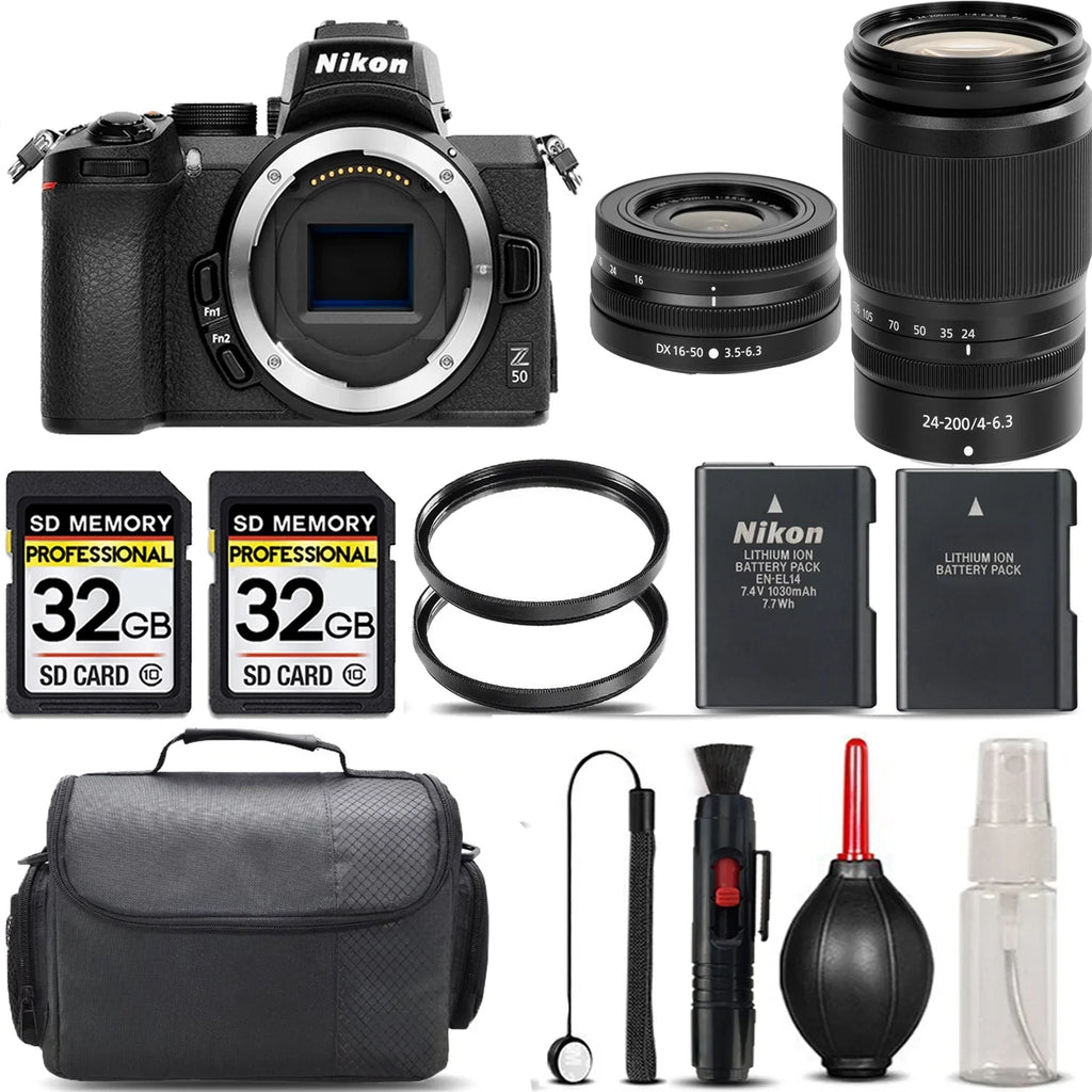 Nikon Z50 Mirrorless with 24-200mm f/4-6.3 VR Lens + 16-50mm Lens + 64GB Storage + UV Filter + Backup Battery + Case + Cleaning Kit - International Version