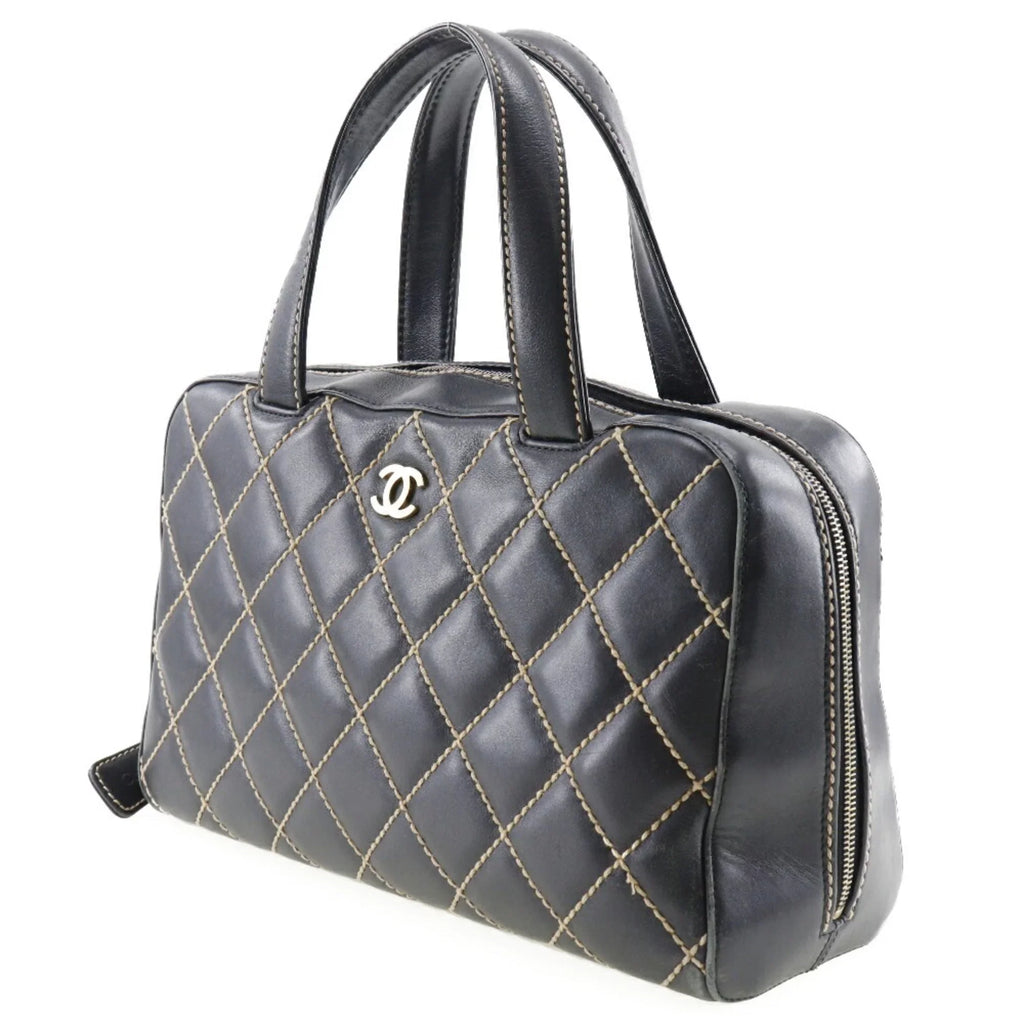 Pre-Owned Chanel Wild Stitch Handbag Mini Boston A14692 Calf Black Ladies (Fair)