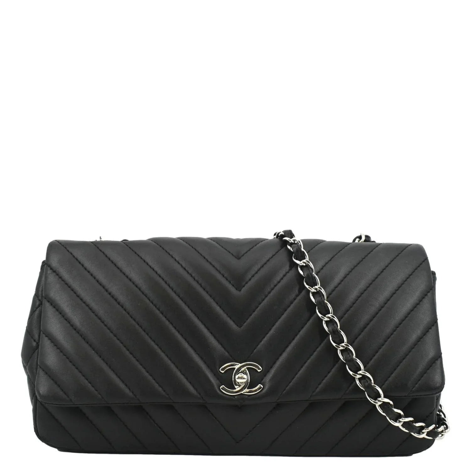 Pre-Owned CHANEL Surpique Chevron Medium Lambskin Leather Flap Crossbody Bag Black