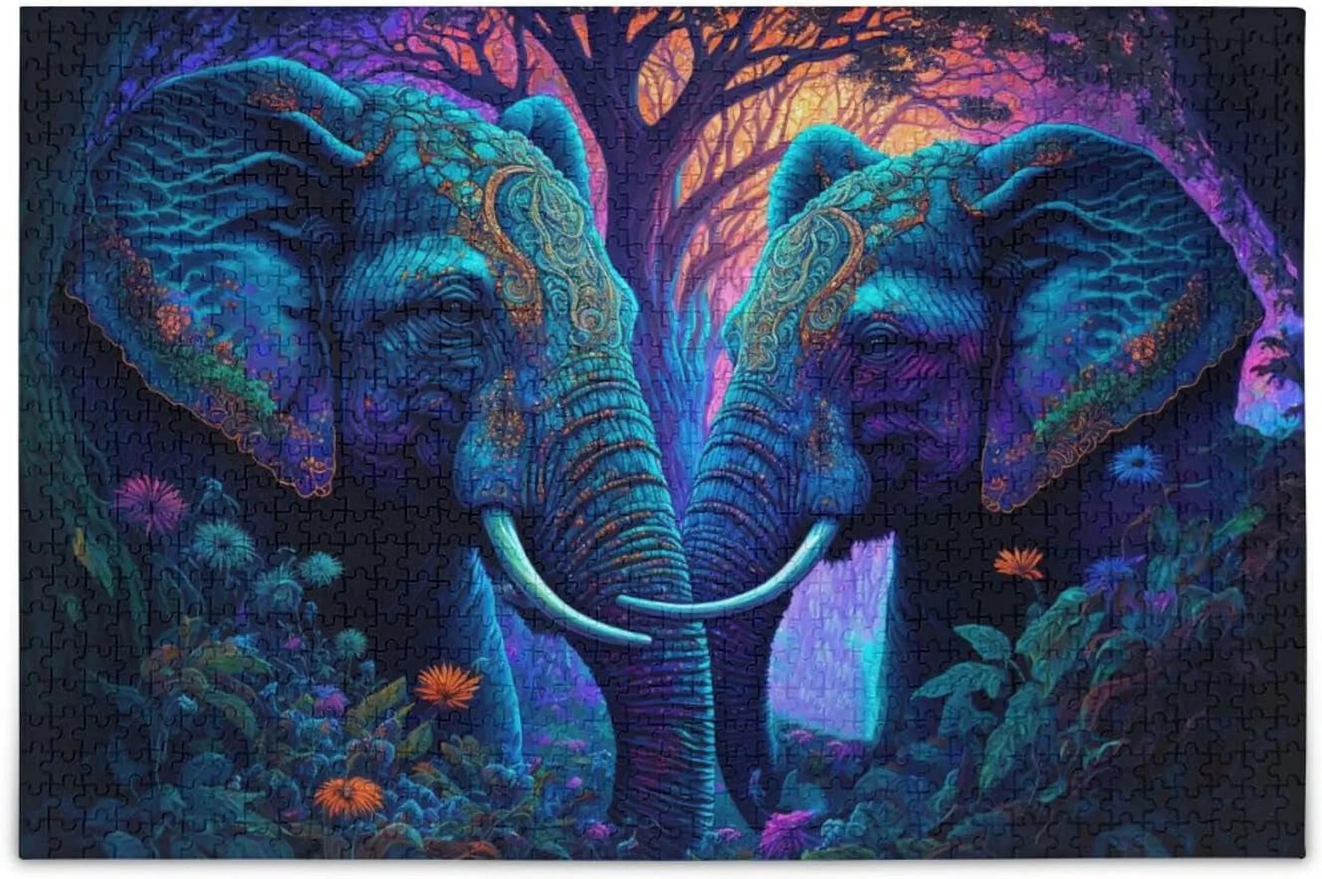 Jigsaw Puzzle (Psychedelic Elephant), Paper Wood Composite Material Zigsaw with Storage Bag and Reference Picture Easy to Solve, 1000 Pieces