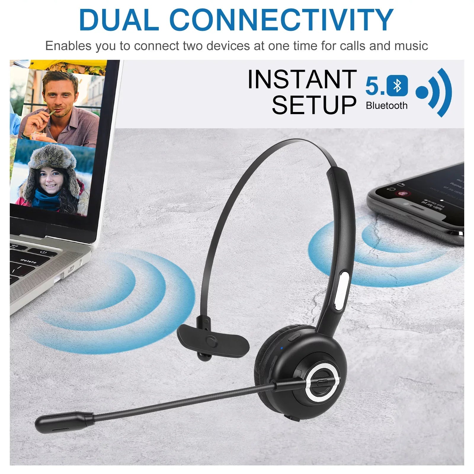 Comfortable Bluetooth Headset, UX-M97 Wireless Headset with Microphone, Wireless Cell Phone Headset with Noise Isolation Mic Charging Base Mute Function for BLU C6 With Charging Dock