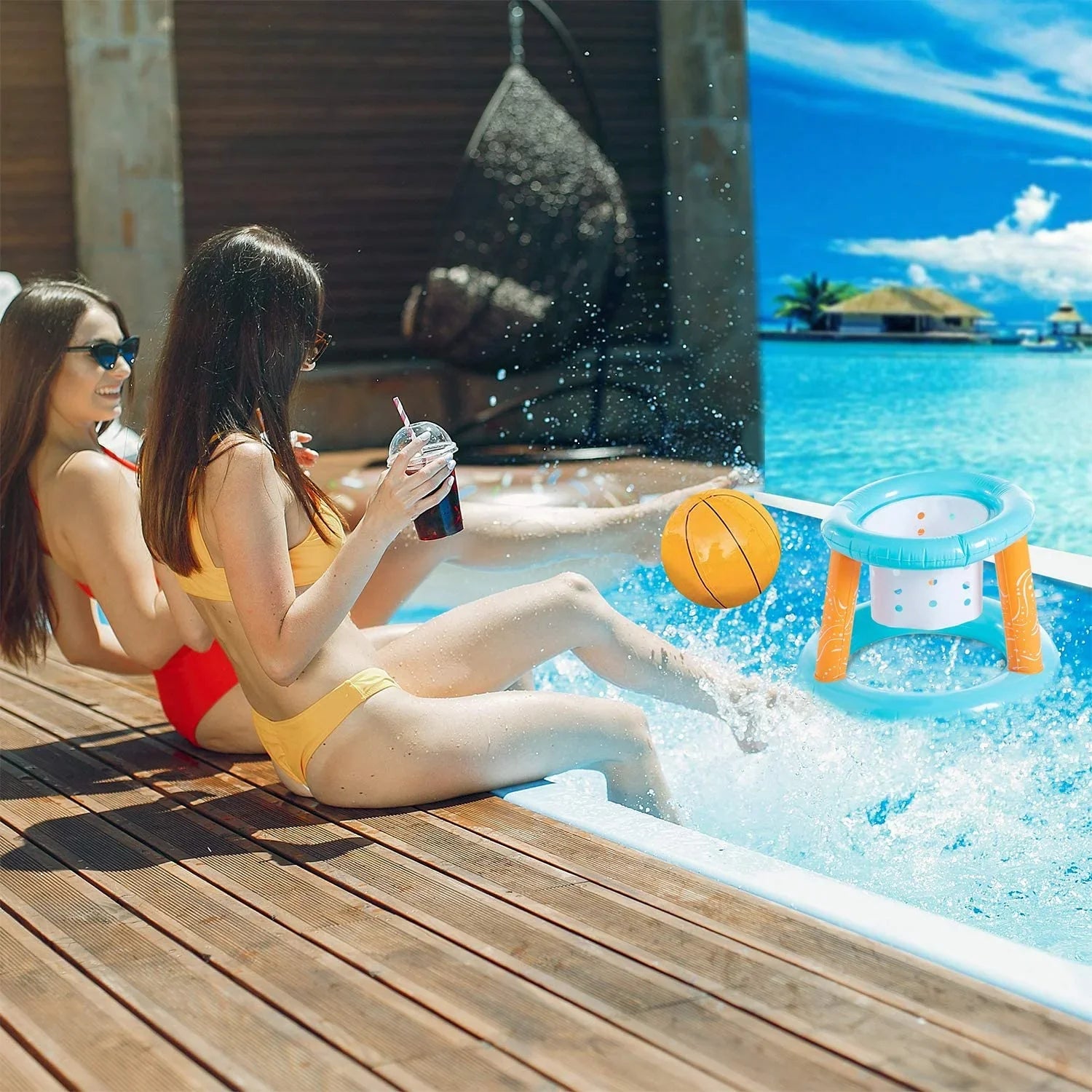 Blossom Pool Basketball Hoop and Pool Volleyball Set with Pool Net, Weight Bags - 2-in-1 Inflatable Floating Swimming Pool Games for Family | Light Blue