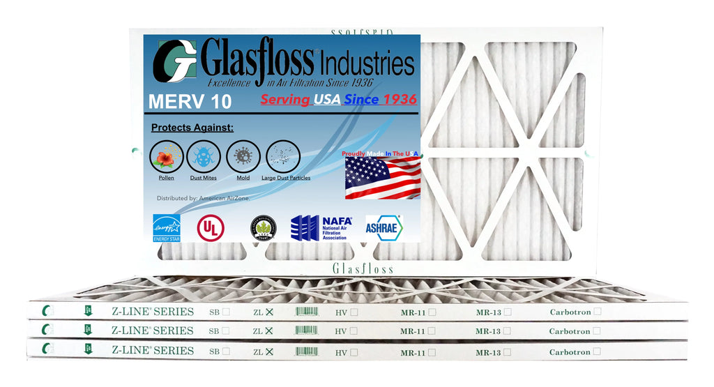 Glasfloss 22x22x1 - MERV 10 -Qty:6 - Furnace Air Filter - Made in USA (Actual Size: 21.5 x 21.5x7/8 inch)