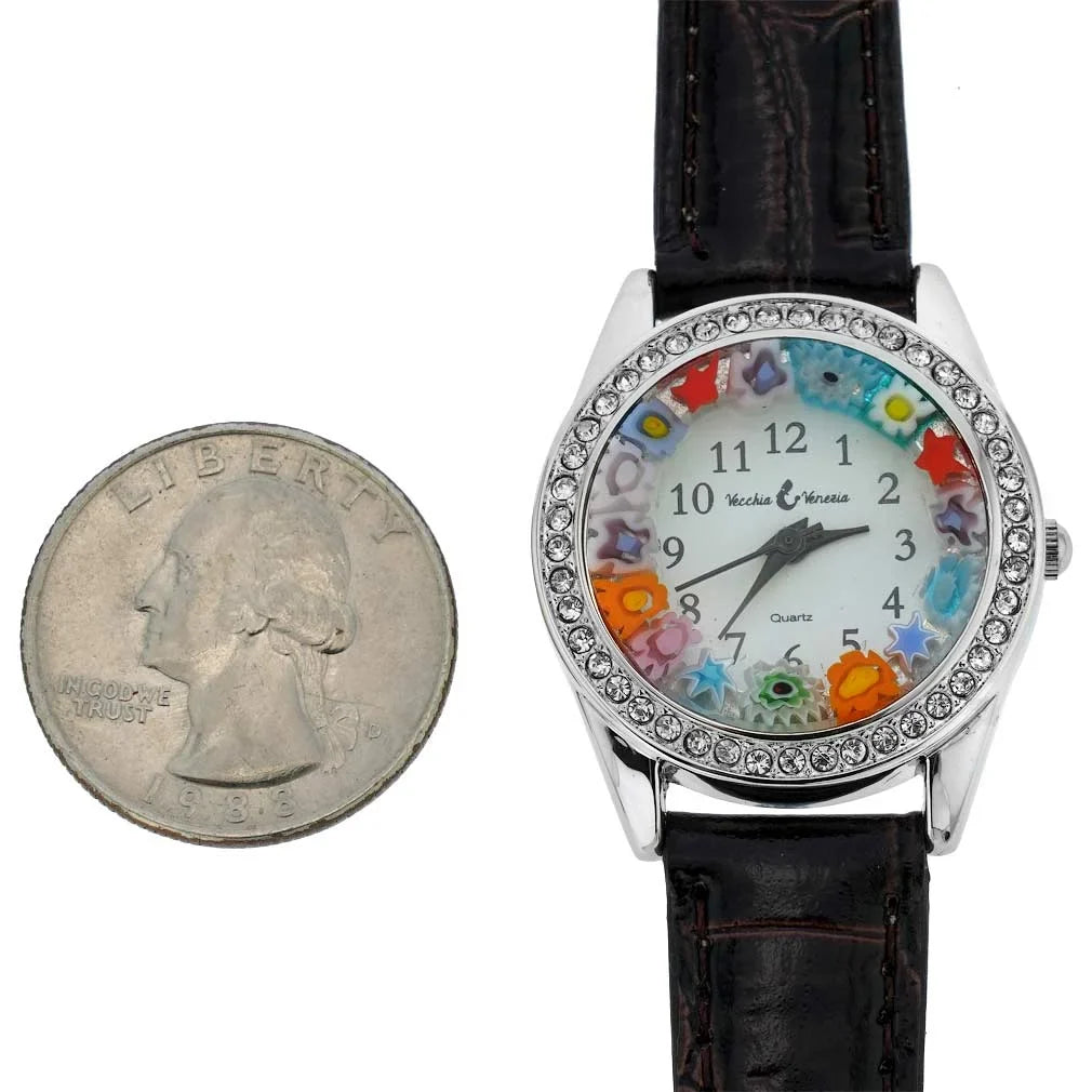 GlassOfVenice Murano Glass Watch Millefiori And Crystals With Leather Band - Brown