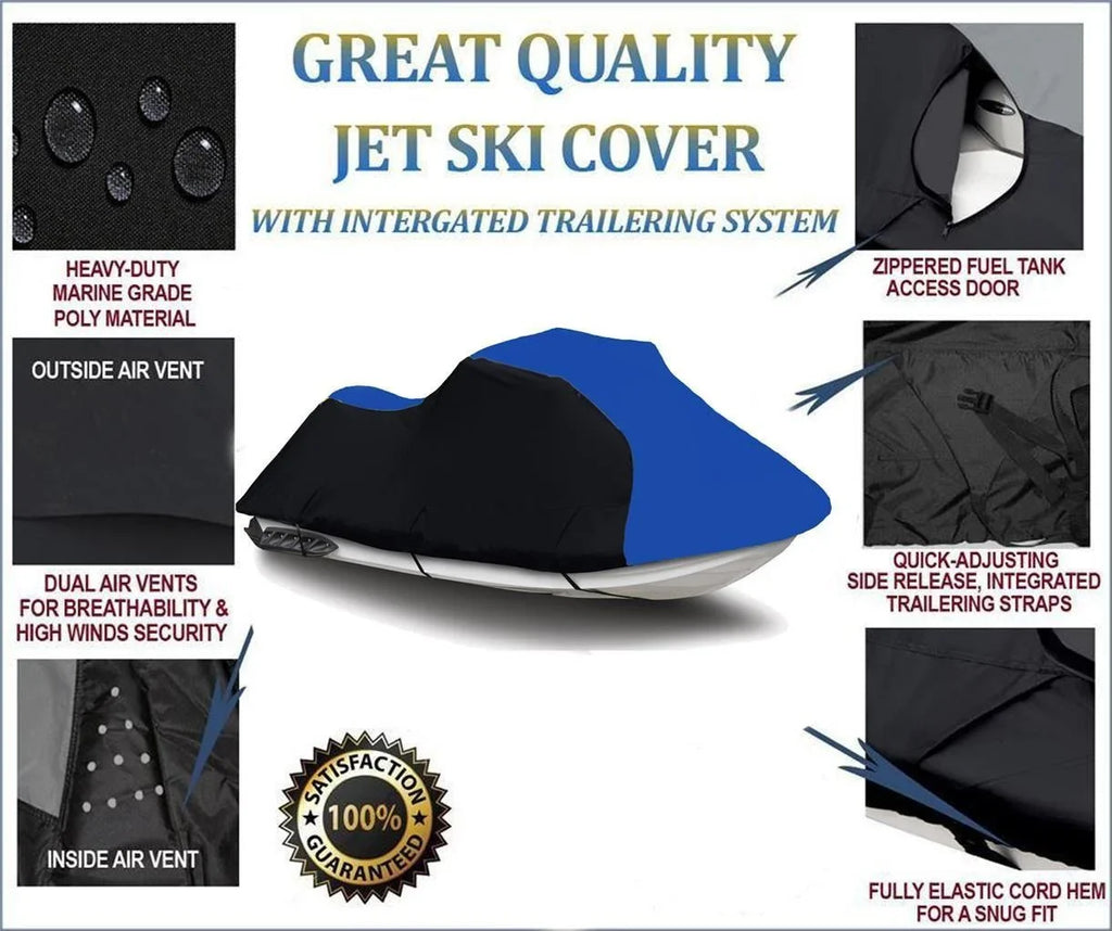 BLACK / BLUE HEAVY-DUTY, 600 DENIER Suitable for Arctic Cat Tiger Shark Jet Ski Shield 116"-119" 2-3 seat