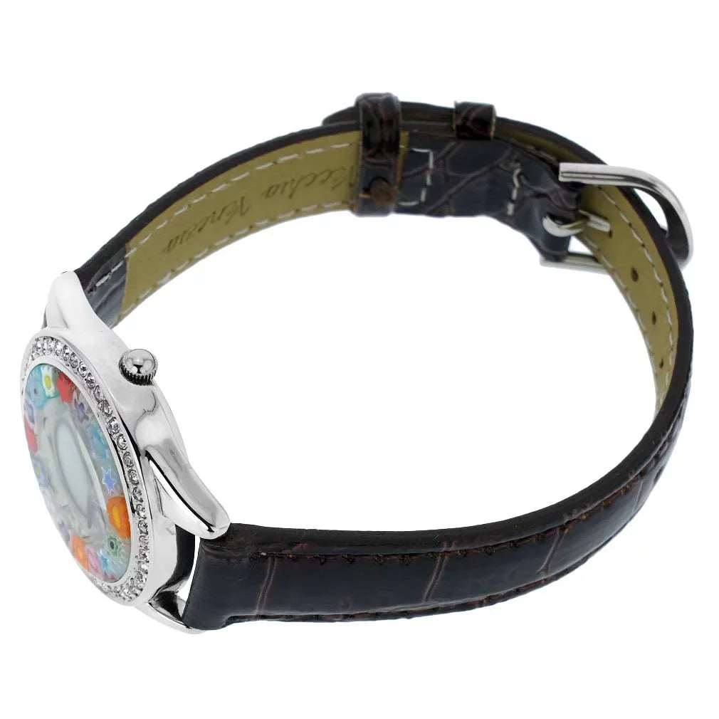 GlassOfVenice Murano Glass Watch Millefiori And Crystals With Leather Band - Brown