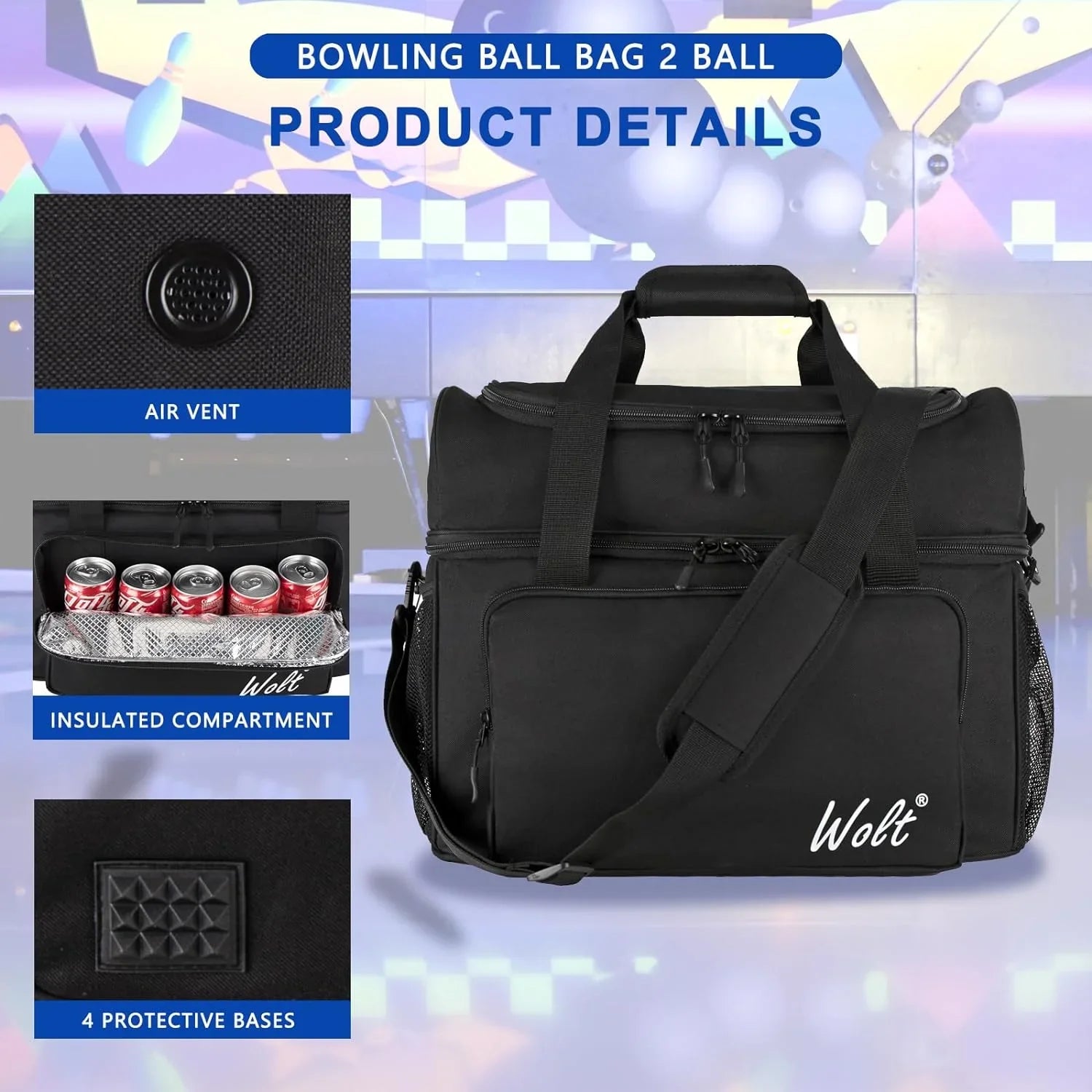 WOLT | Black Polyester Bowling Ball Bag for 2 Balls Fits Bowling Shoes up to Mens Size 16