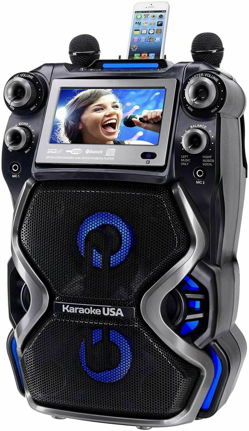 Karaoke USA CDG/MP3G 300W Portable Rechargeable Karaoke Player w/ 2 Mics
