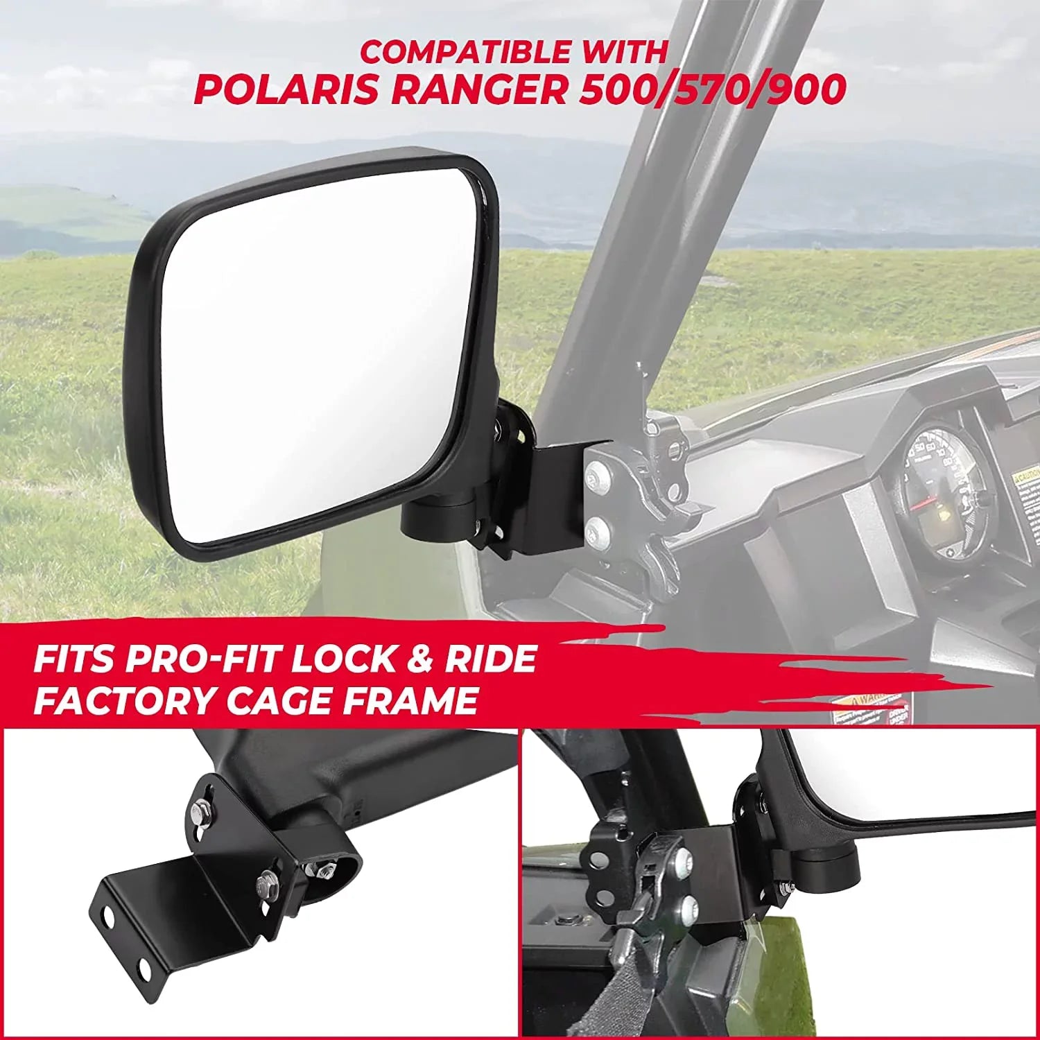 Kemimoto UTV Rear View Mirror Side Mirrors Suitable with 2015-2022 Polaris Ranger 500 570 900