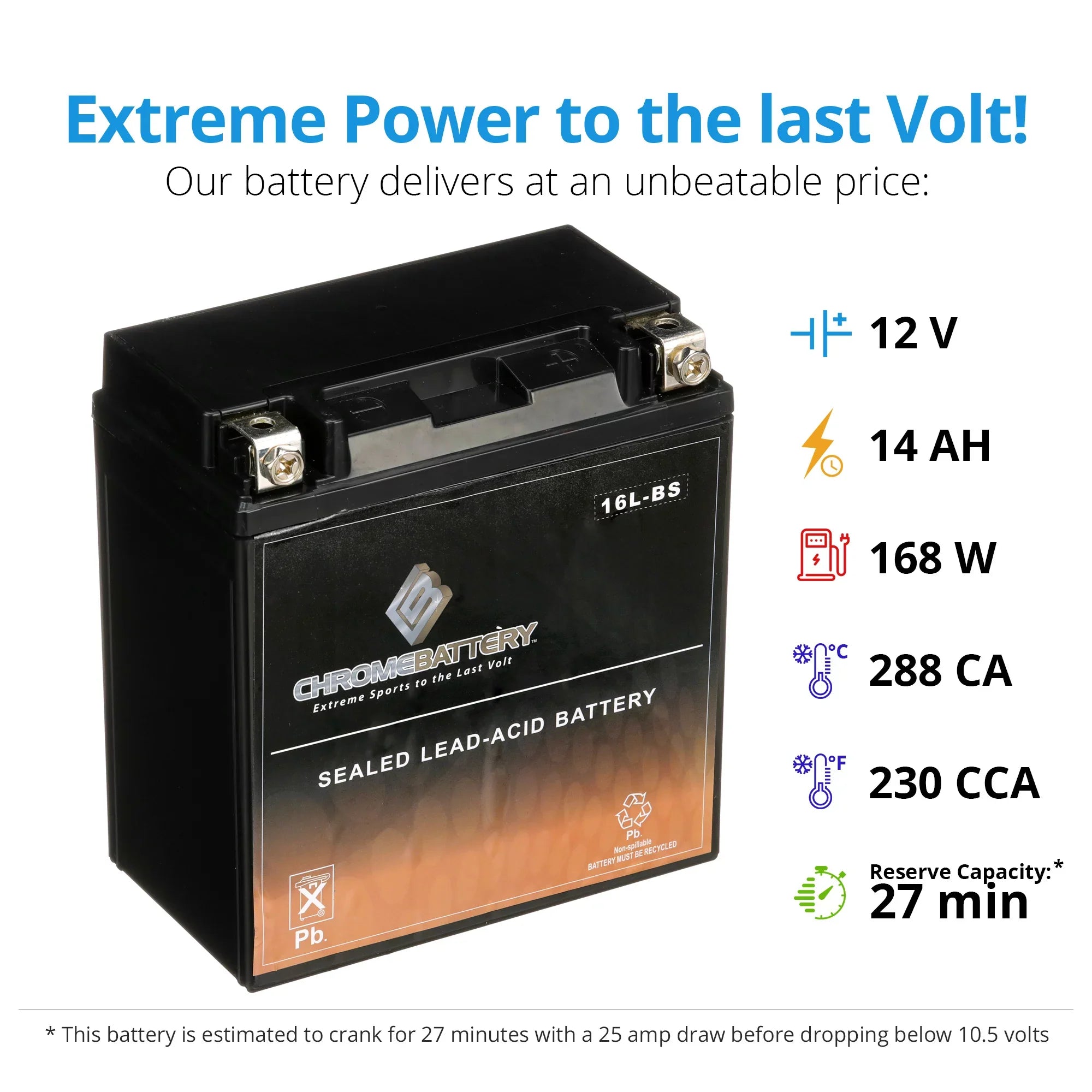 Chrome Battery Ytx16l-bs (16l-bs 12 Volts,14 Ah, 230 Cca) Jet Ski Battery for Yamaha Wave Runner 2003