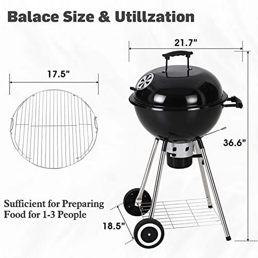 Sophia & William 18-inch Kettle Charcoal BBQ Grill with Porcelain-Enameled Lid and Bowl, Chromeplated Grate, Ash Catcher for Outdoor Picnic BBQ Patio Camping, Black